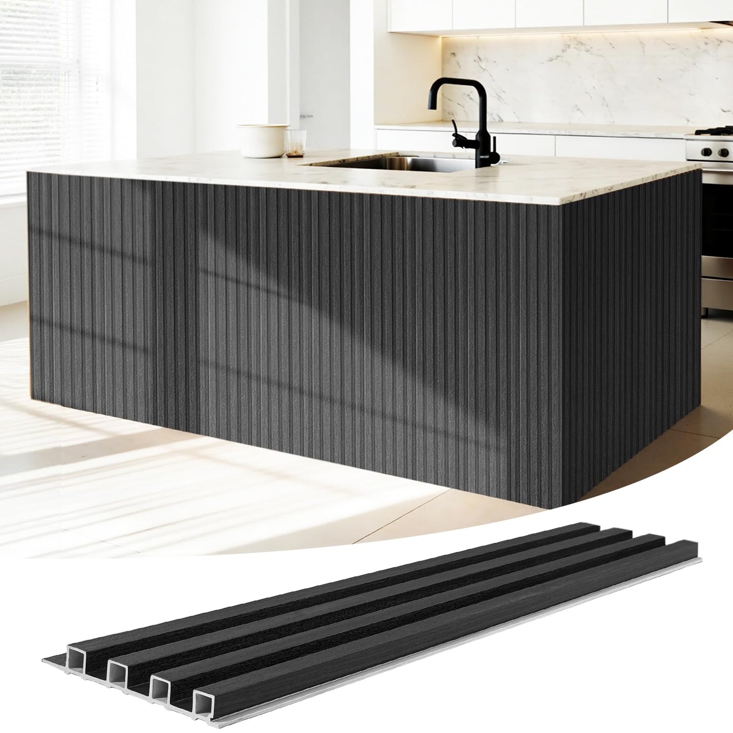 LARWORKS WPC Slat Wall Panels 16 Pack 48" x 6.6", Waterproof Fluted Wall Paneling, Accent 3D Wall Panel for Wall Decor, Bathroom, Bedroom, Office - High Grille Black (Cover Approx.35 sq.ft)