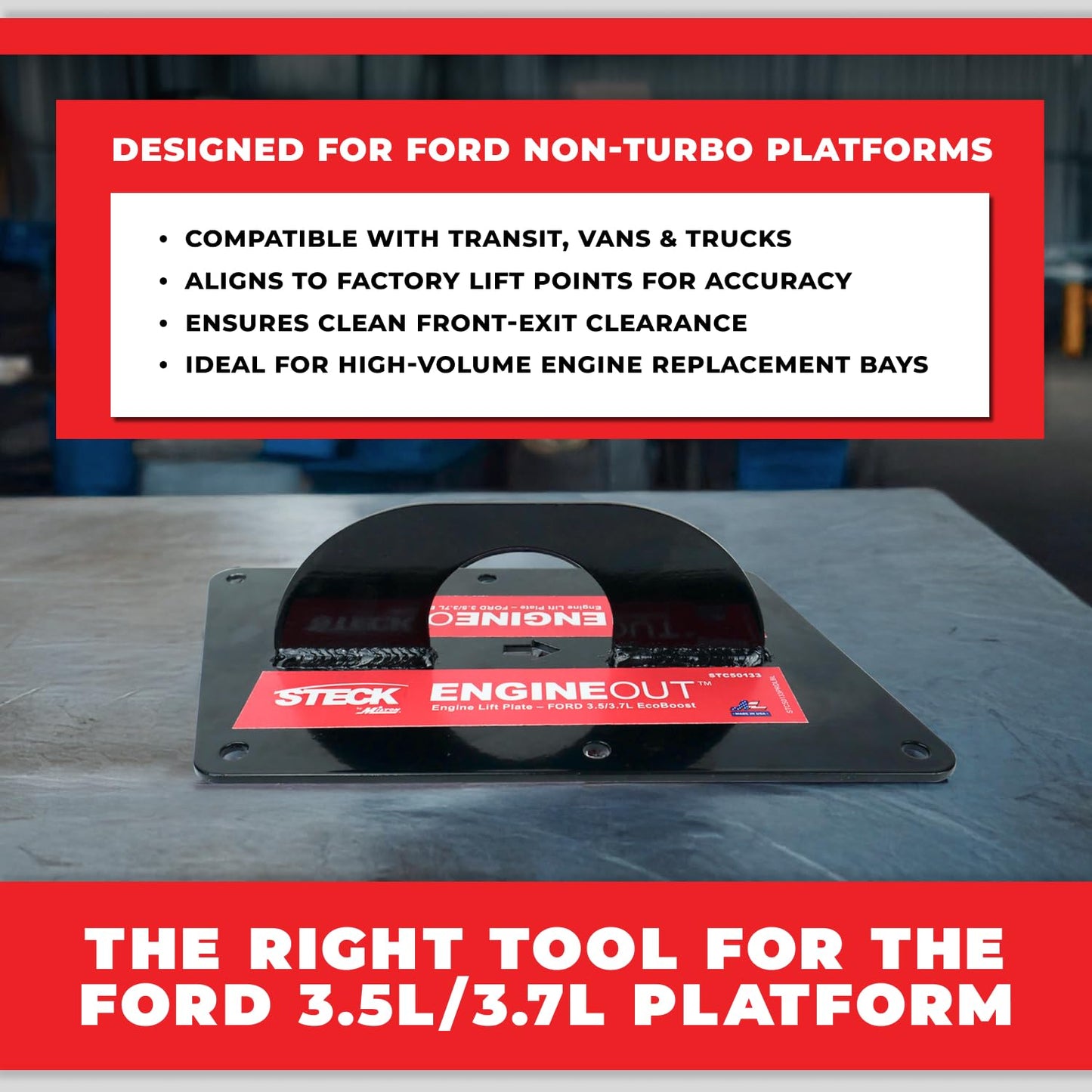 Ford 3.5L/3.7L Non-Turbo Engine Removal Plate – Engine Lift Plate Tool | Front-Exit Engine Extraction | No Subframe Drop | Made in USA