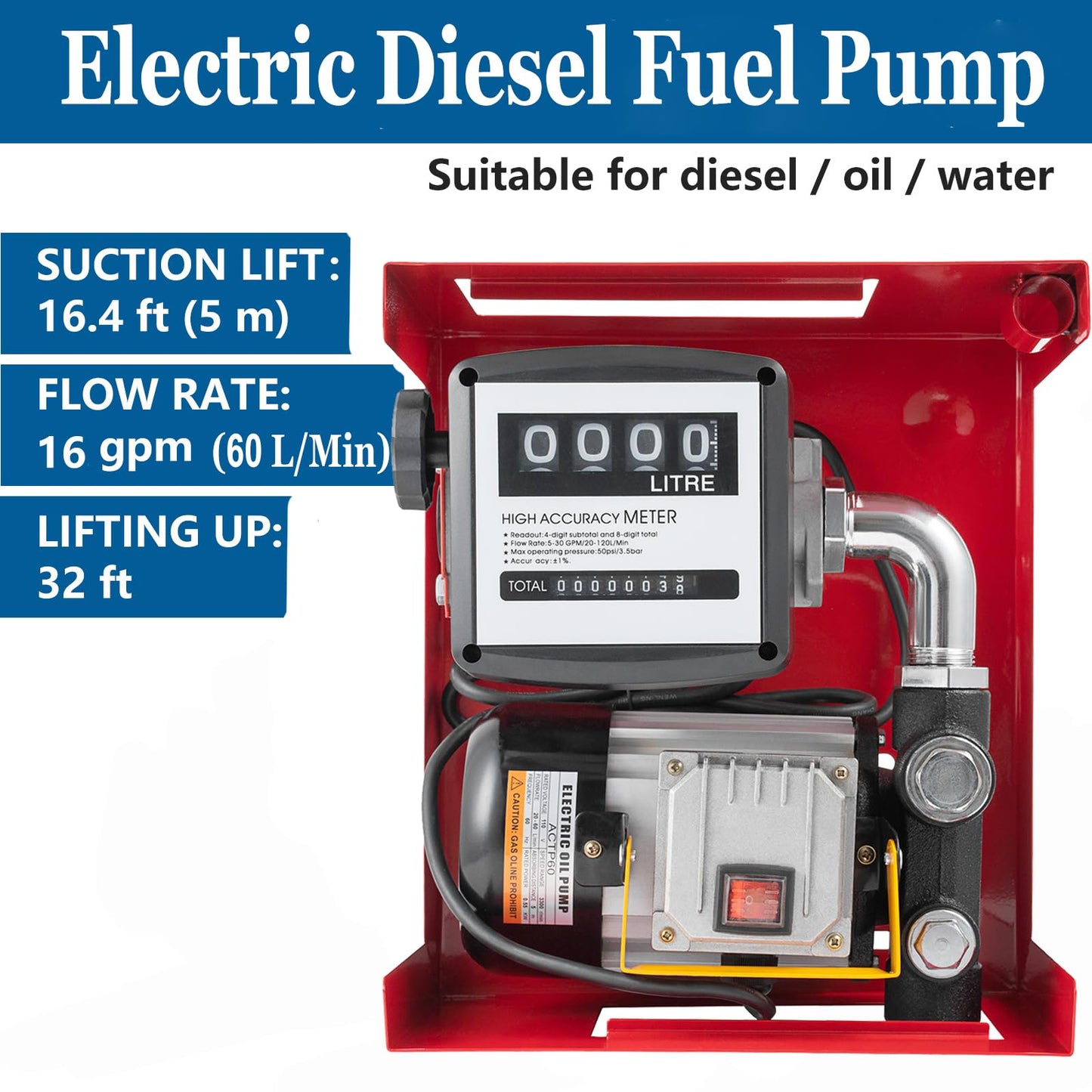 SmarketBuy Electric Diesel Fuel Pump 110V, 550W Electric Fuel Transfer Pump 16 GPM Self-Priming Diesel Fuel Pump Kit with Display Meter, Nozzle & 2 Hoses