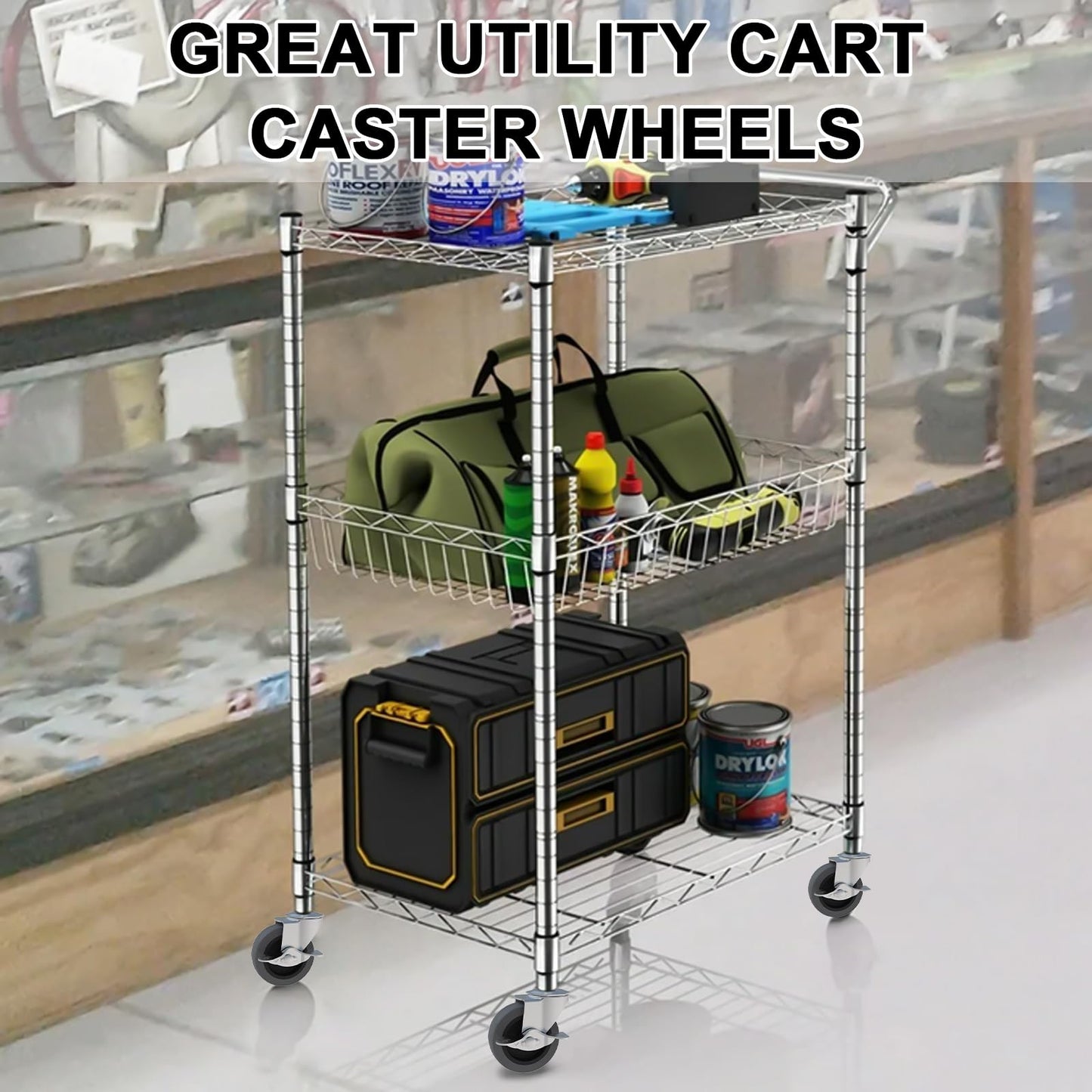 AAGUT Caster Wheels, 3 Inch Rubber Heavy Duty 3/8"-16 x1-1/2 Threaded Stem Industrial Castors, Locking Brakes Metal Swivel Wheel, Replacement for Carts Furniture Dolly Workbench Trolley,Set of 4