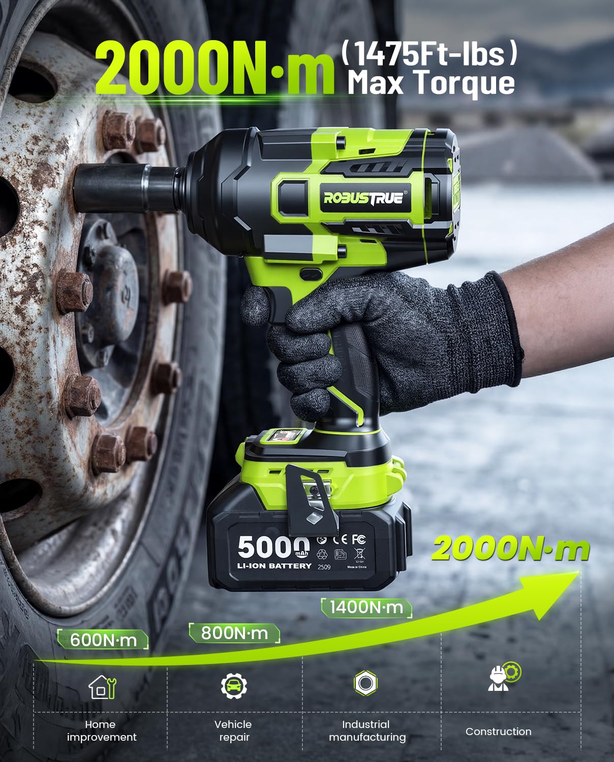 Robustrue Cordless Impact Wrench,1475Ft-lbs (2000N.m) 1/2 High Torque Brushless Impact Gun, 18V Power Impact Driver, 2 * 5000mAh Battery,5 Sockets, Brushless Variable Speeds for Car/Truck RV/Mower