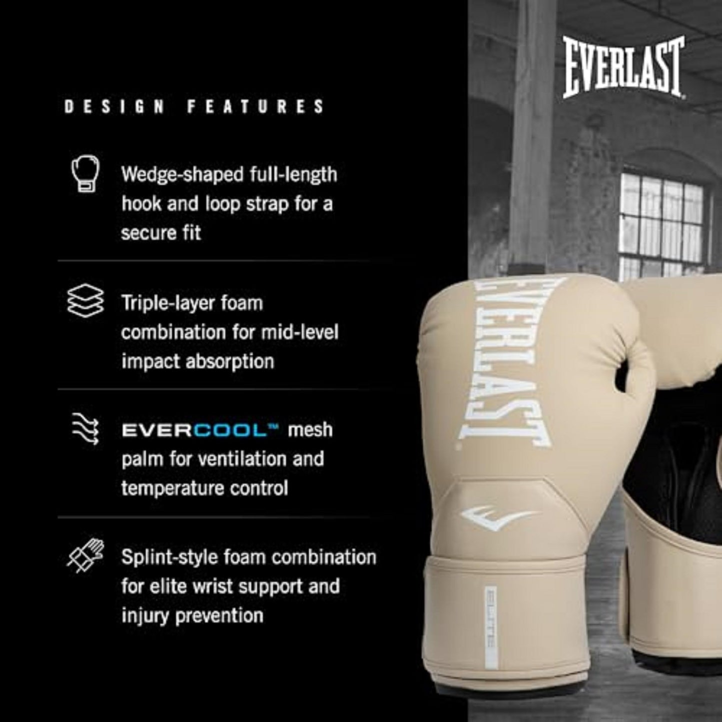 Everlast Elite 2 Womens Boxing Gloves | Vegan Leather Boxing Gloves with Secure Fit Hook and Loop Closure & Ventilation | Cardio, Speedbag, and Heavy Bag Training Gloves (12 oz, Tan)