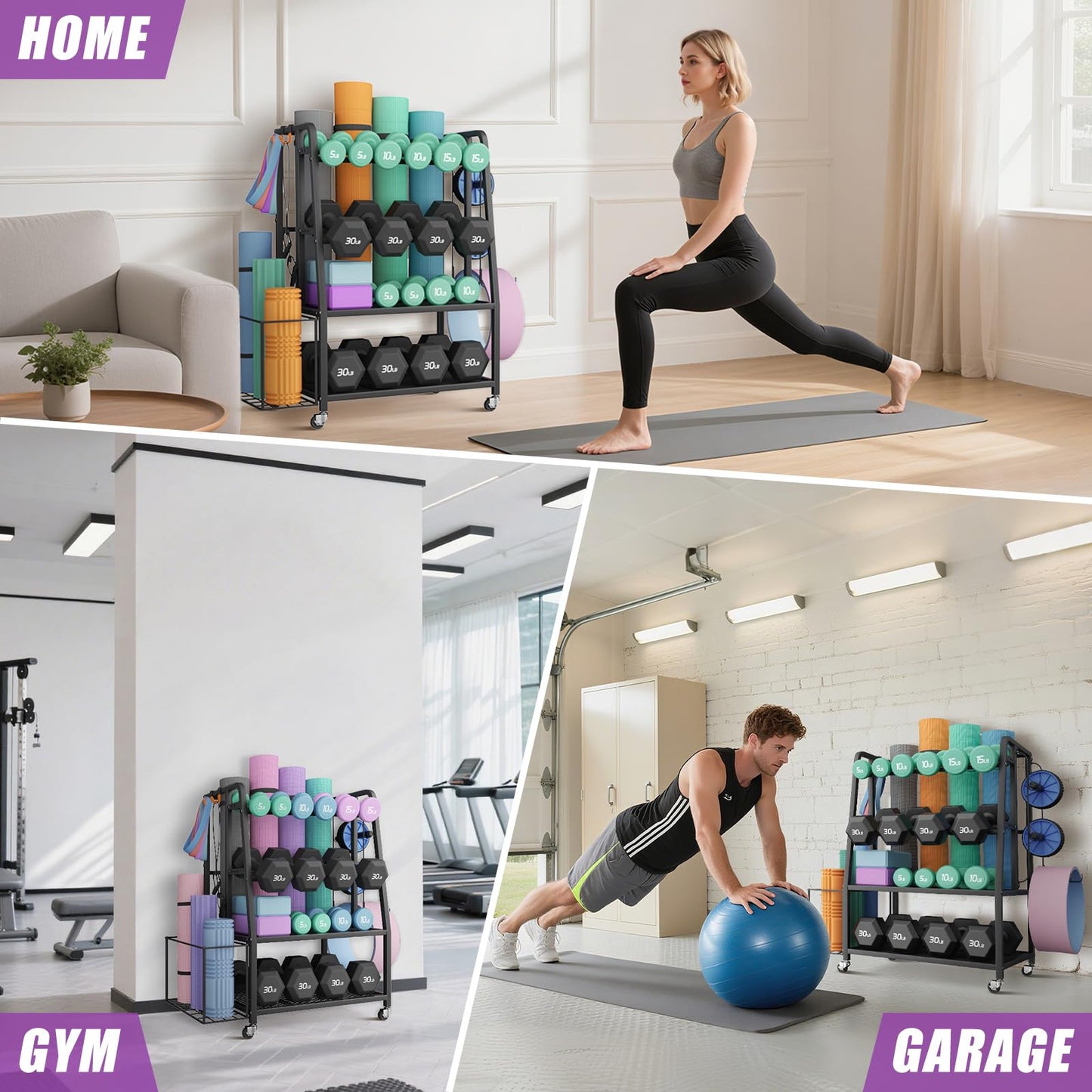 VOPEAK Dumbbell Rack for Home Gym, Adjustable Weight Rack Stand with Wheels, Heavy Duty Steel Storage Organizer for Dumbbells Kettlebells Yoga Mat, with Locking Casters & Side Hooks
