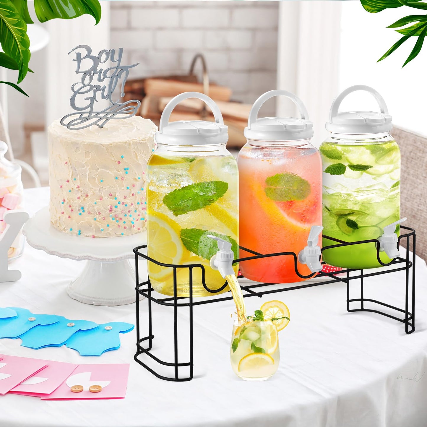 Tanlade 3 Pcs Plastic Drink Dispenser with Stand Beverage Dispenser with Sturdy Metal Base Juice Dispensers for Parties Lemonade Jar Spigot for Weddings Countertop, Each 1 Gallon(White)