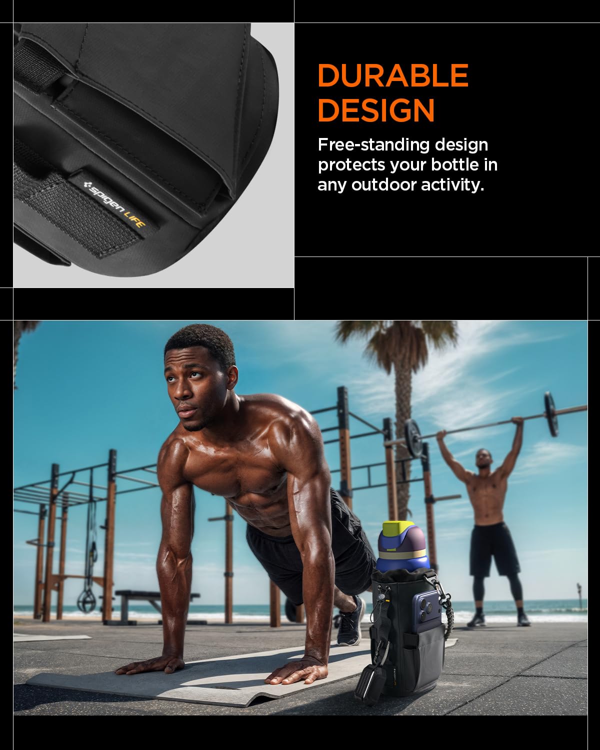Spigen Life Magnetic Gym Bag for Men Tumbler Carrier Holder Bag for 20oz–40oz Water Bottles w/Molle System, Phone Pocket, Drawstring/Cord Lock, D-Ring Strap, Waterproof – Black