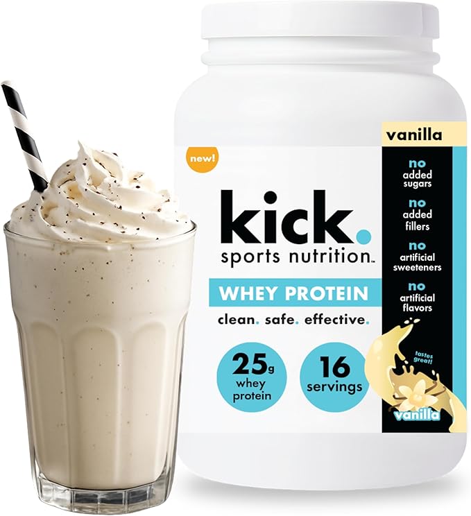 Kick Whey Protein Powder, Vanilla Flavor, 25 G Protein, Gluten Free Workout Supplement With Amino Acids to Support Fitness Goals & Digestive Wellness, No Added Sugar, No Artificial Flavor, 16 Servings