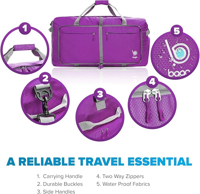 Bago Large Foldable Duffel Bags for Traveling Women & Men - 100L Packable Duffle Bag for Travel with Shoe Compartment - Water Repellant, Heavy Duty, Lightweight Folding & Collapsible (Purple)