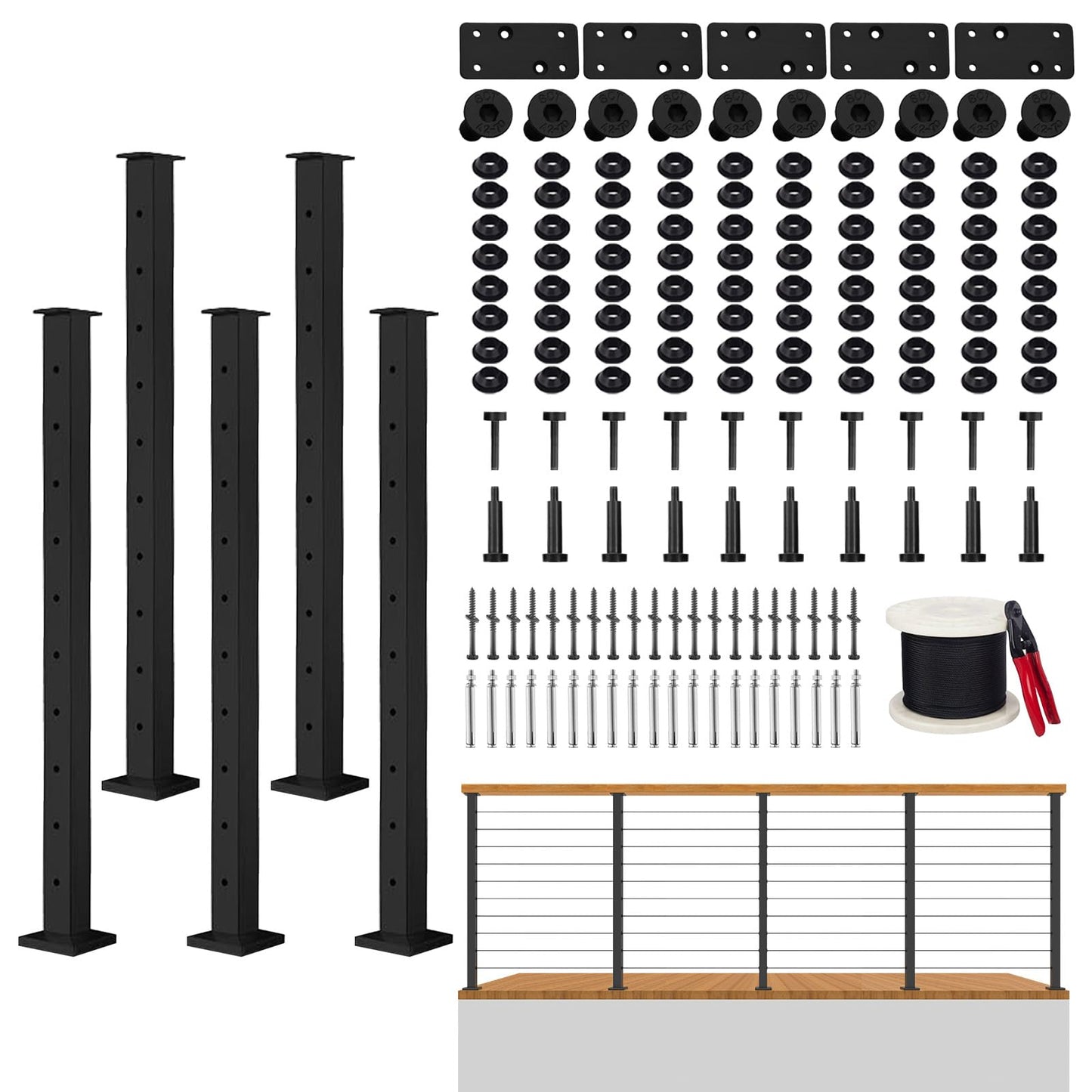 Senmit 36" Cable Railing Post Kit,Including 5 Black Railing Posts,250ft Cable, 10 Sets Terminal, 80 Cable Grommets(No Handrail)