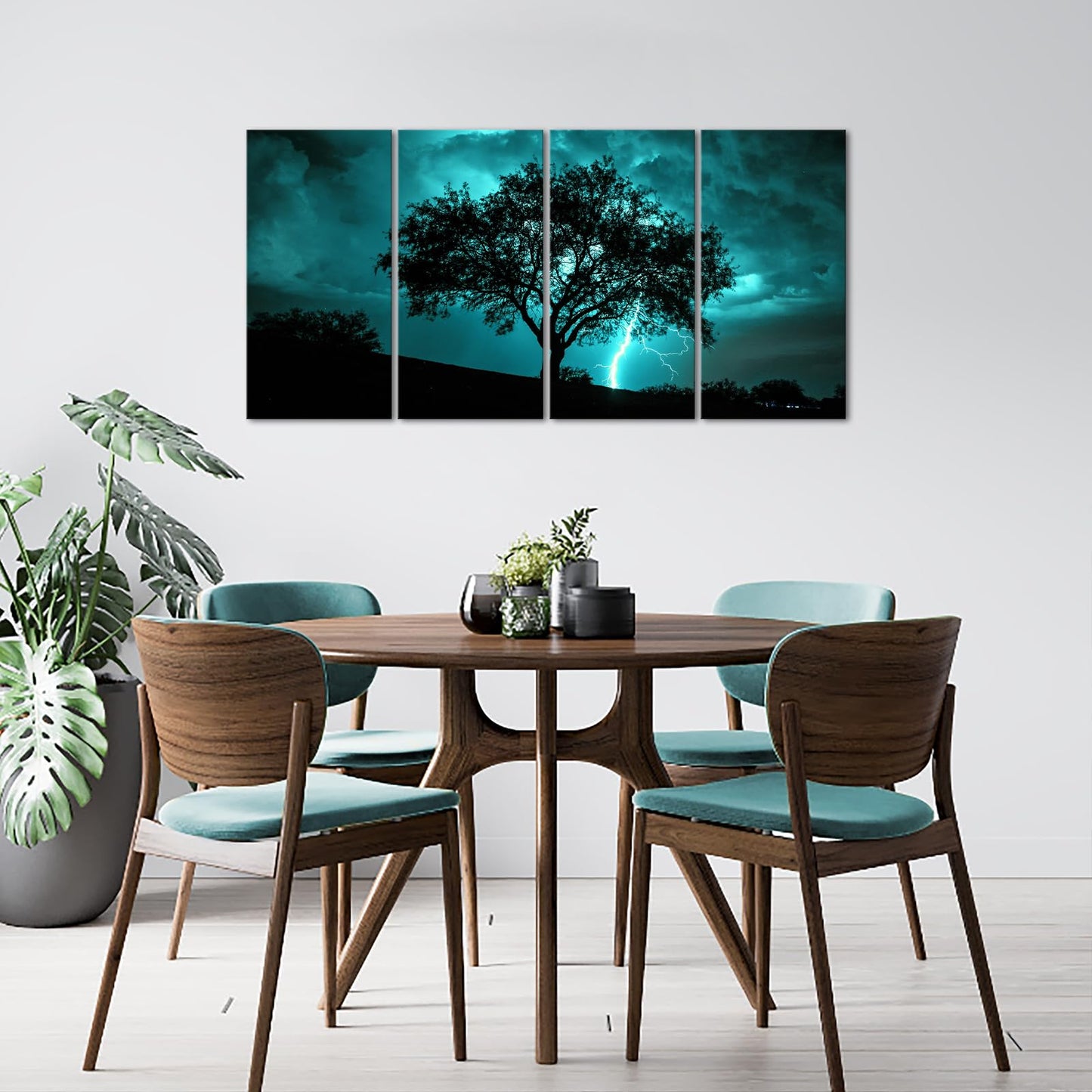 NutArtPic Tree Canvas Wall Art Teal Big Tree with Lightning Strikes Picture Artwork Natural Landscape Artwork Painting for Home Decor 12''x24''x4pcs (Teal)