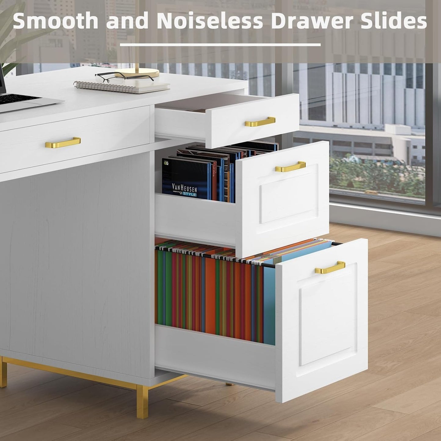 MaverickFurni White and Gold Desk with 2 File Drawers, 57 Inch Office Computer Desk with 7 Drawers, White Desk with Storage, Wooden Executive Desk for Office, Workspace for Work Study Writing