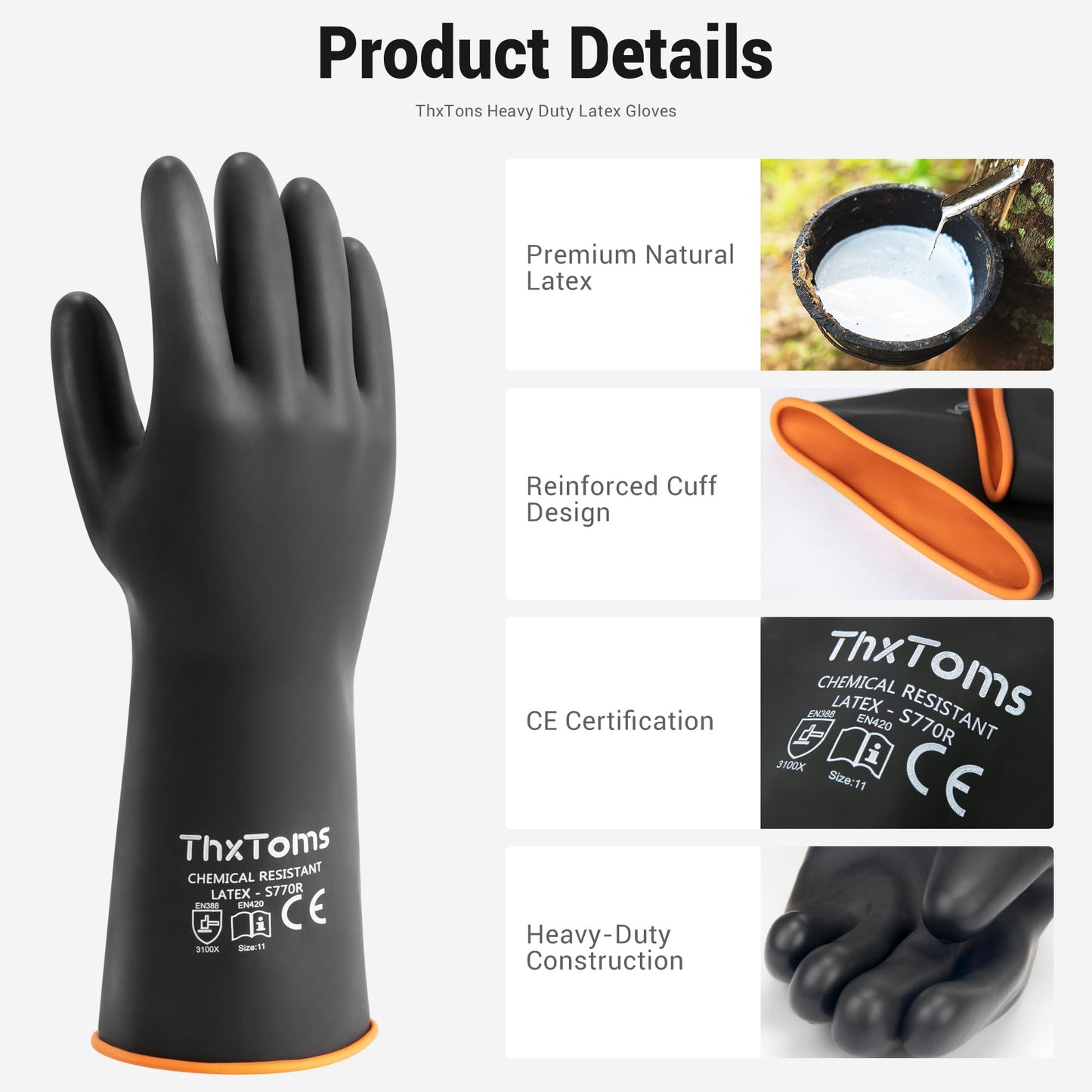 ThxToms Heavy Duty Latex Gloves,Long Rubber Gloves, Chemical Resistant Gloves,Puncture Resistant, Resist Acid,Oil,Alkali, Waterproof for Industrial Cleaning, Gardening, 22", 1 Pair