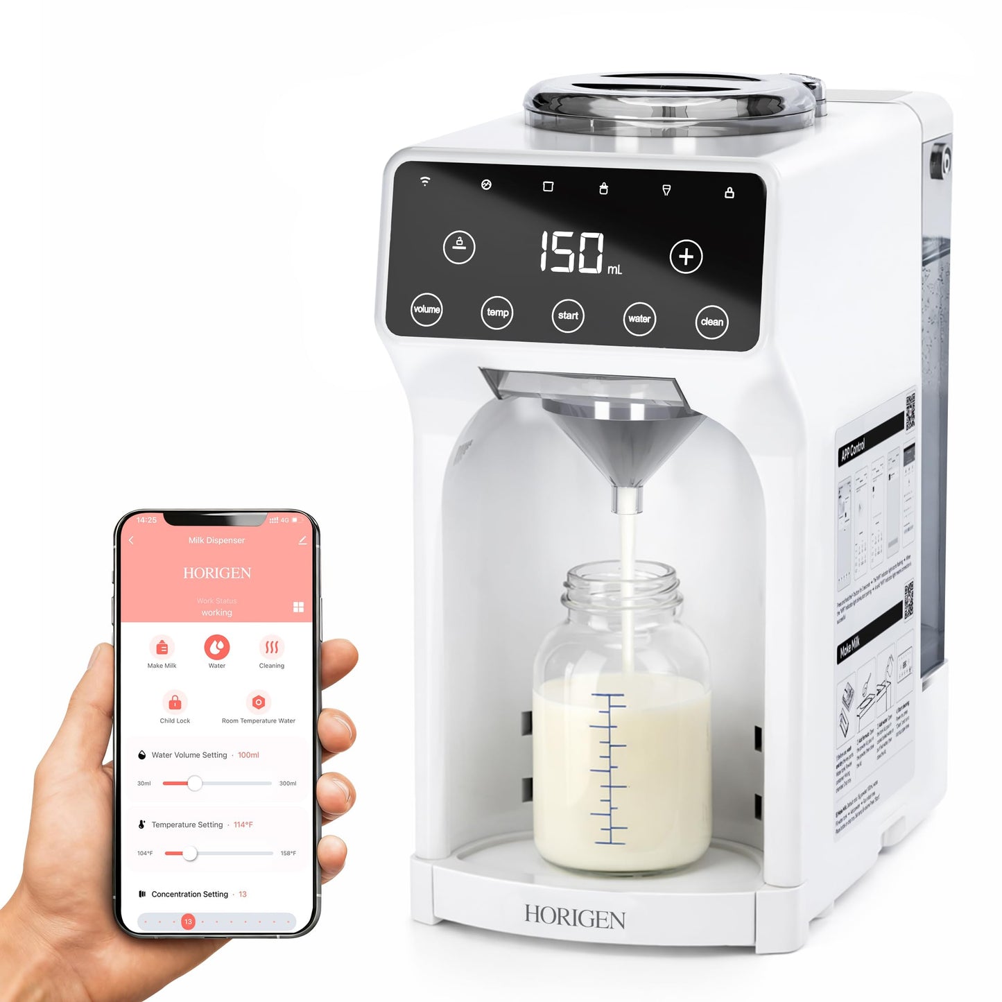 Horigen Smart Baby Formula Maker - Advanced WiFi Bottle Maker Formula Machine with Automatic Mix & Clean, Instant Warm Water, Fast Milk Make with Accurate Dispensing & Temperature Control