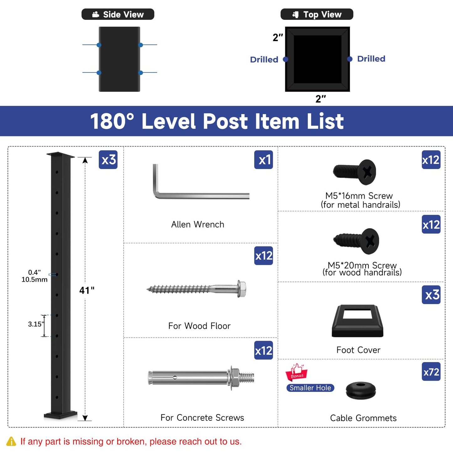 Gyykzz 42" Black Cable Railing Posts, 3 Pack Flat Top Level Drilled Railing Line Post Kit System, Stainless Steel T304 Horizontal Hole Deck Railing Handrail Post for Commercial & Residential Project