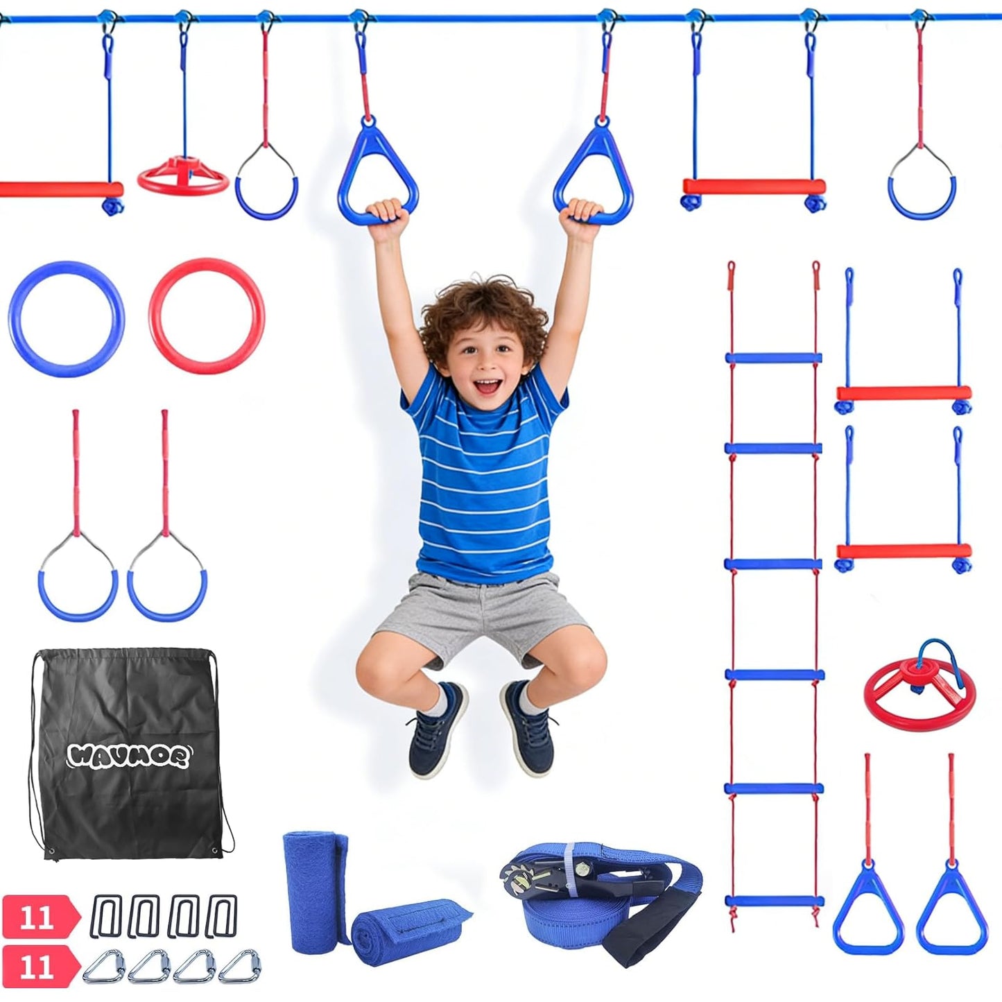 Wavmor Ninja Warrior Obstacle Course for Kids Backyard-1×50ft Slackline Kit with 10 Most Complete Accessories for Boys & Girls, Rope Ladder, Gymnastic Ring, Arm Trainer and Monkey Fist