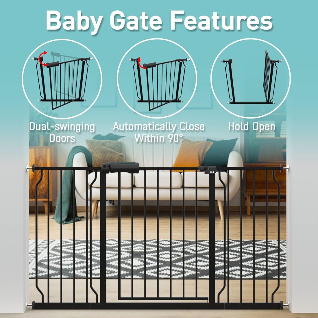 WAOWAO Baby Gate 62.19-66.92" Extra Wide Pressure Mounted Walk Through Swing Auto Close Safety Black Metal Toddler Kids Child Dog Pet Puppy for Stairs,Doorways,Kitchen