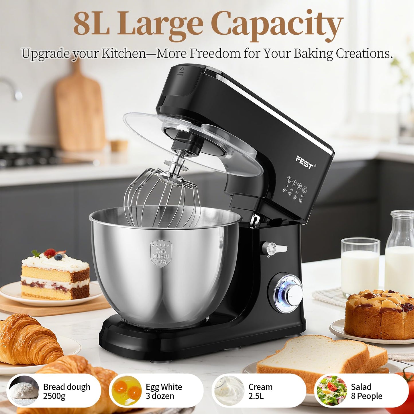 1500W 8.45QT Stand Mixer, 6-Speed Electric Dough Mixer with Whisk, Dough Hook & Beater, Large Capacity Kitchen Mixer for Baking Bread, Cakes, Salad and Cookies (Black)