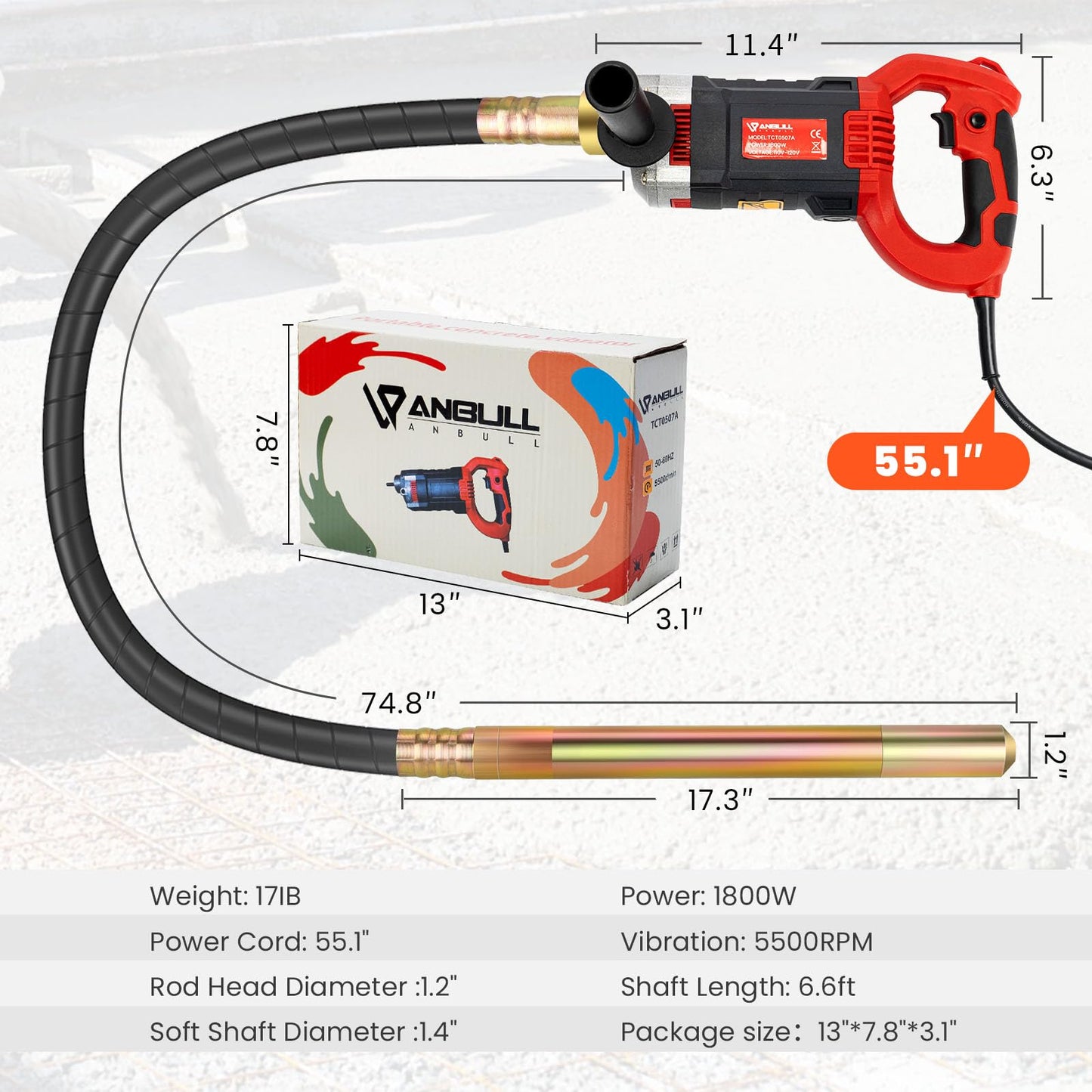 Anbull 1800W Concrete Vibrator 110V, 2M Handheld Electric Vibrabrater 5500RPM, 35mm Bottle Shaker, Portable Pencil Cement Vibrarator for Remove Air Bubble and Mix Concrete