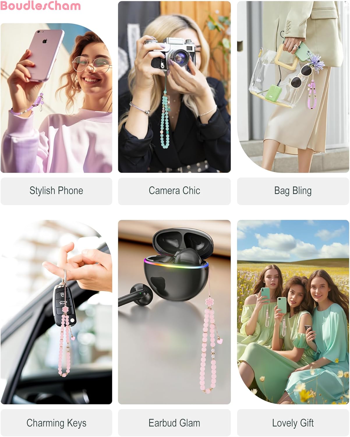 BoudlesCham Phone Charm Cute Pink Pearl Beaded Phone Wrist Strap for Women, Phone Charms Strap for iPhone Charm Strap