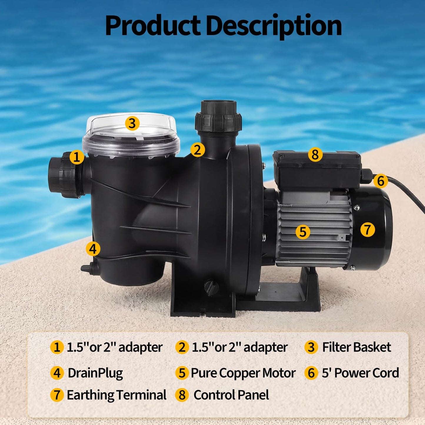 Garvee in/Above Ground Pool Pump High Flow Self Primming Swimming Pool Pump, 115V High Efficiency Pump for Above Ground Pools Pond Hot Tubs Spas, 7FT Power Cord, Quiet Operation (3/4 HP, 2641 GPH)