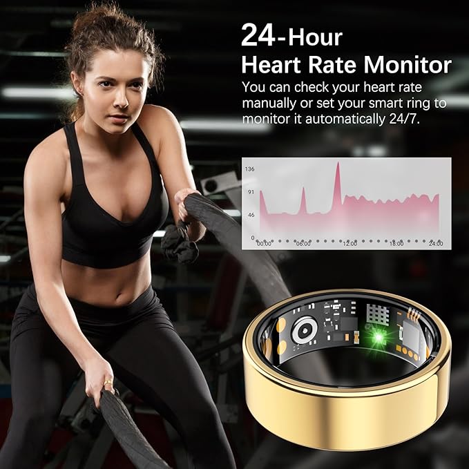 Ring Health Tracker for Women Men, Fit Ring with Heart Rate, Blood Oxygen, Sleep Monitor, Calories, Step Counter, IP68 Waterproof Smart Ring for iPhone & Android, No Subscription Fee (Gold, 11#)
