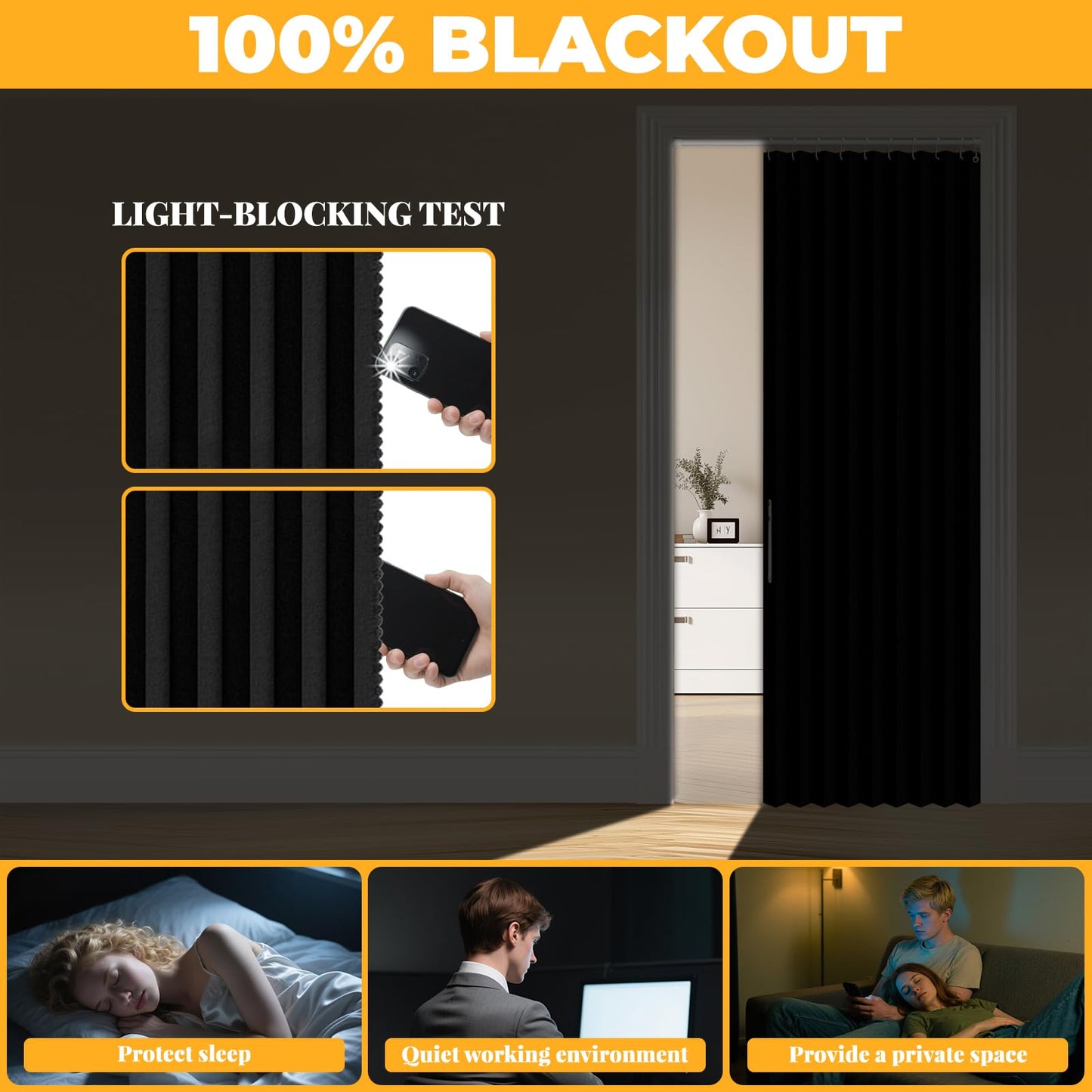 AJAZZ 100% Blackout Magnetic Door Curtain Accordion Doors Interior Closet Door Curtain Invisible Applicable Bedroom Room Living Room Doorway (Black 42" W x 78" L) 1 Panel