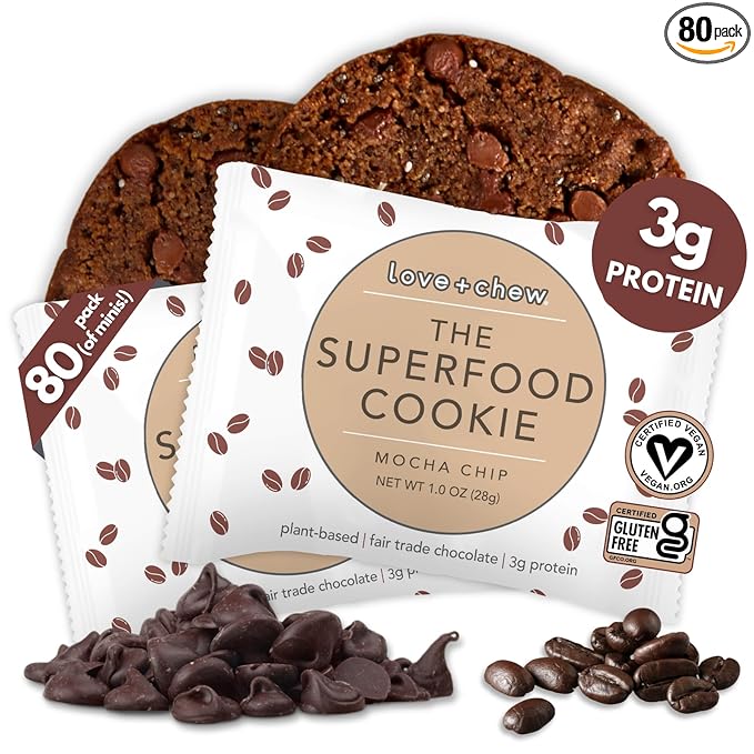 Love + Chew Mocha Chip Minis Bulk Box - Tasty, Gluten Free Cookies - Vegan, Healthy, Paleo, Non GMO - Individually Wrapped and Soft Baked - Made from High Protein Almonds - 1 Ounce Each, 80 Count