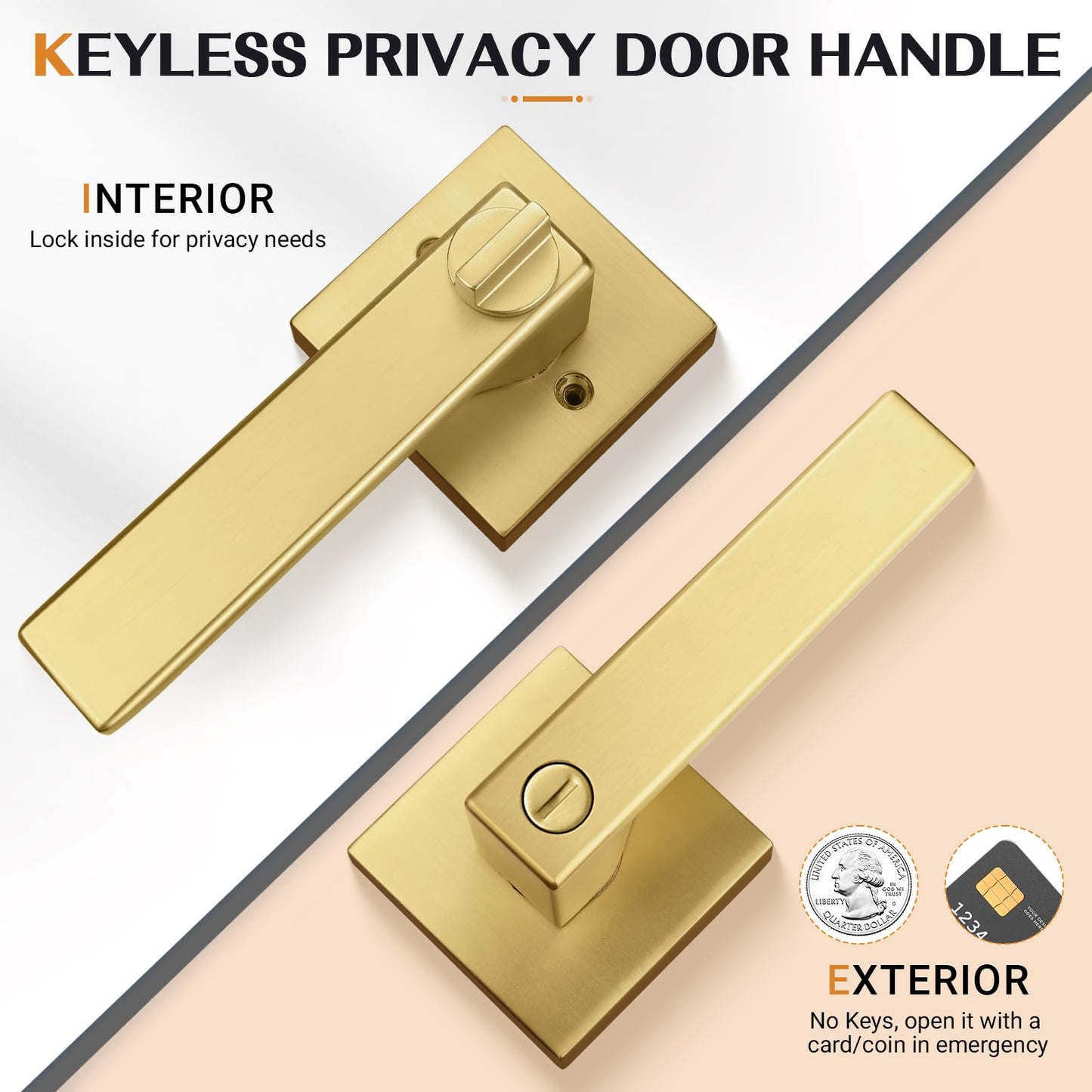 Probrico 8 Pack Privacy Door Handles with Lock, Interior Gold Reversible Levers for Bedroom & Bathroom