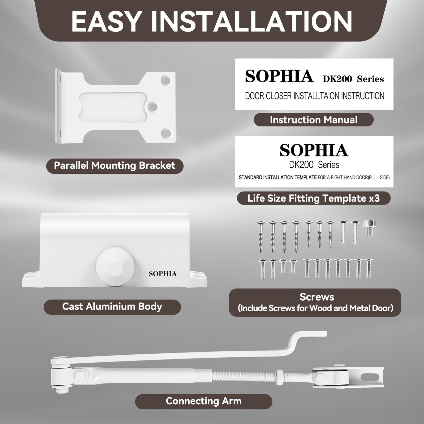 SOPHIA Door Closer for Home, Hydraulic Automatic Door Closer for Residential & Light Commercial Use for Door Weight 55-99LBS, Adjustable Speed, Life Size Fitting Templates, Size 2, White