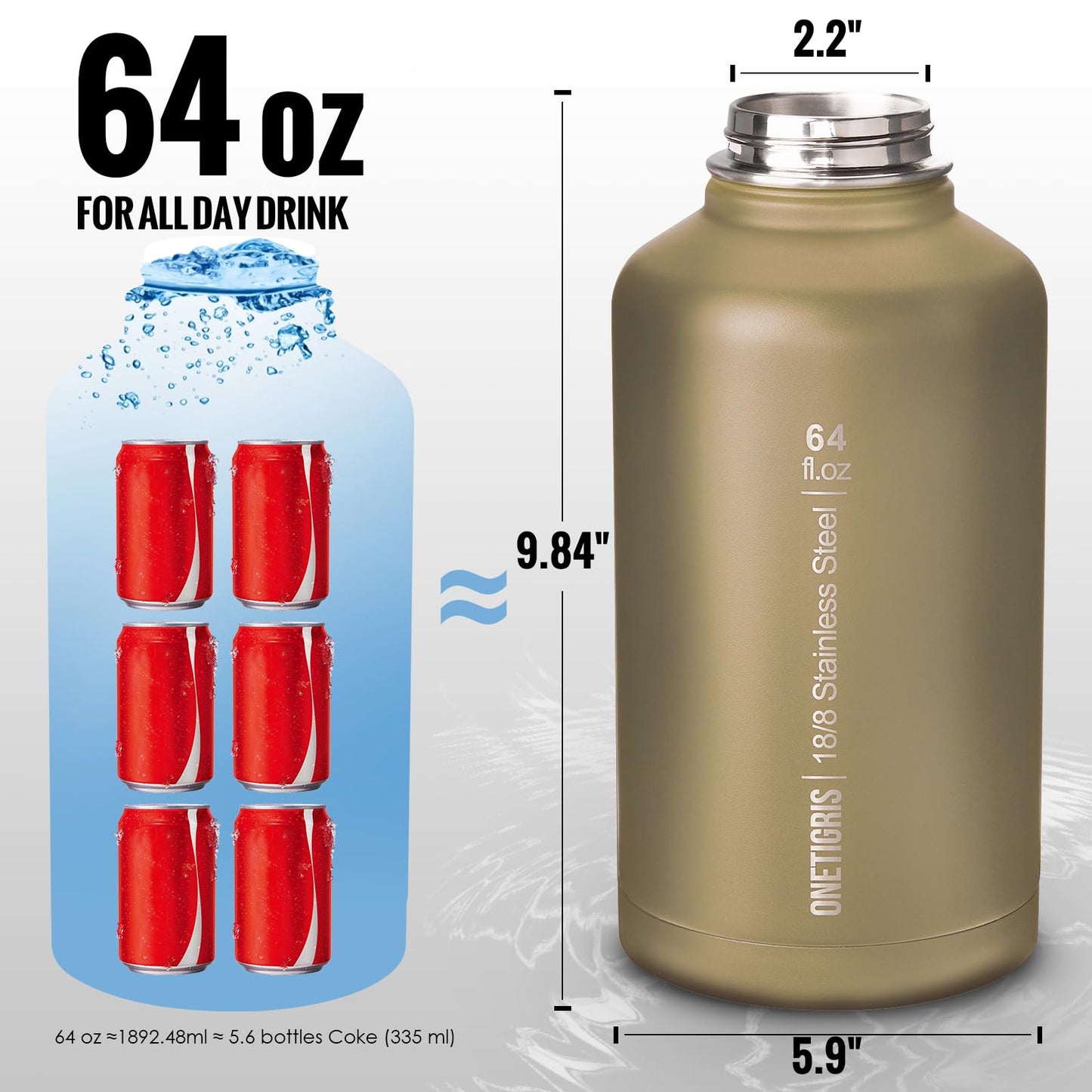 ONETIGRIS Tactical Half Gallon Water Bottle with Straw - 64 oz Vacuum Insulated Stainless Steel Water Jug, Leakproof Sport Bottle with 3 BPA Free Lids, Paracord Handle & MOLLE Water Pouch for Outdoor