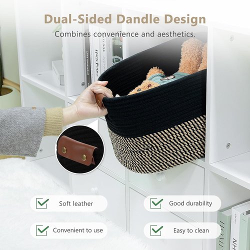 ECDYQXVU Cotton Rope Basket - Woven Storage Basket with Handle | 15x10x9 Inch for Laundry, Towels, Books (Black Brown)
