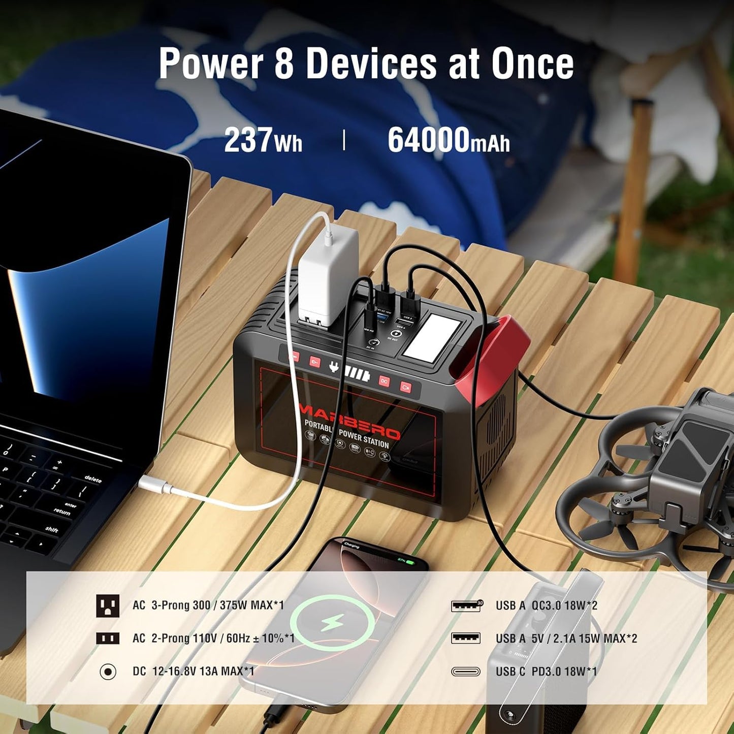 Portable Power Station 300W MARBERO 237Wh Camping Solar Generator Backup Lithium Battery with Pure Sine Wave 110V AC Outlet, USB C, USB A, DC for Outdoors Camping CPAP Home Blackout Emergency