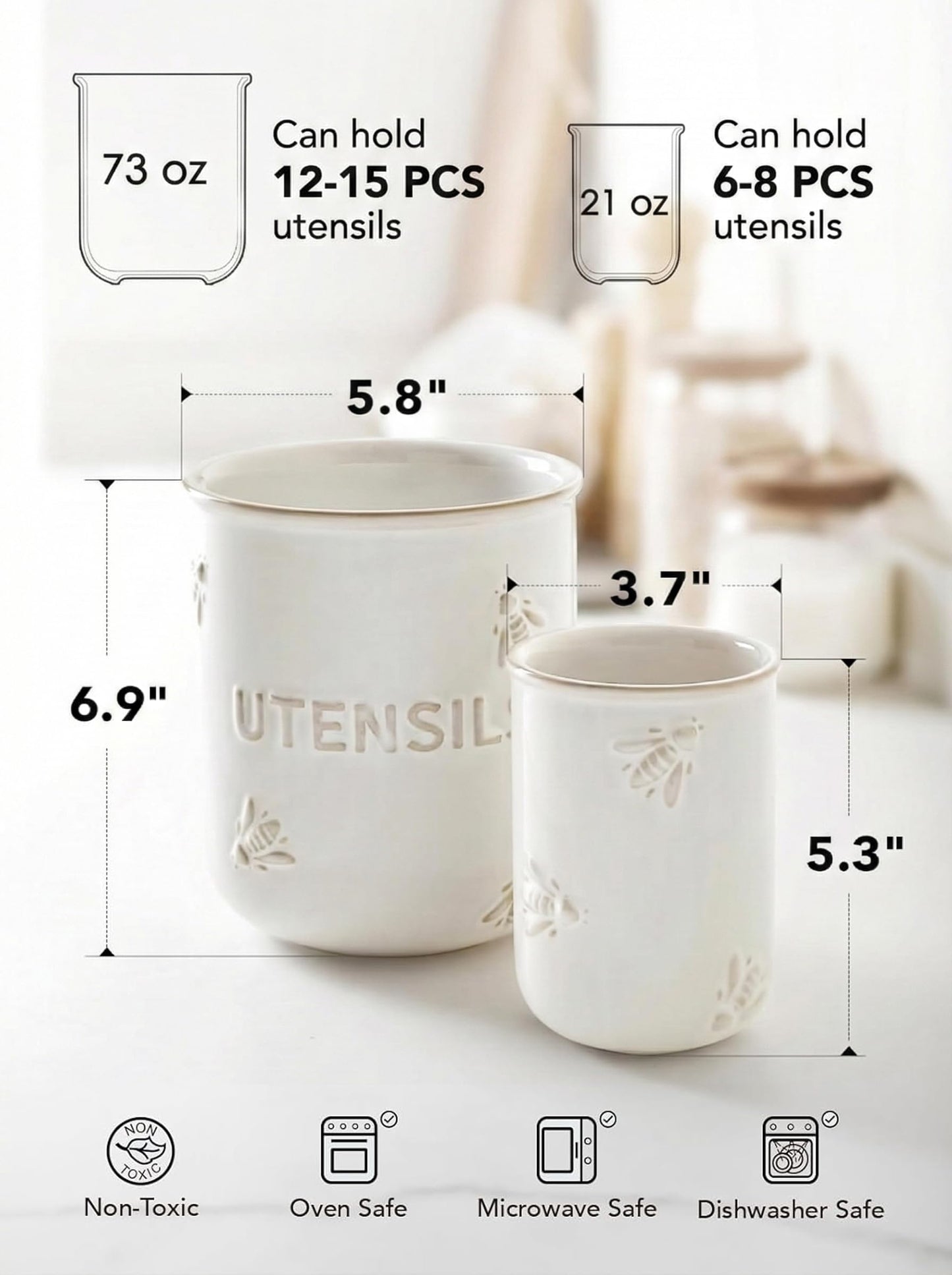 LE TAUCI Utensil Holder for Kitchen Counter - 6.9"+5.3" Ceramic Kitchen Utensil Holder Set of 2, Large Cooking Utensil Crock & Organizer for Spatula, Spoon - Embossed Kitchen Decor, White,Bee