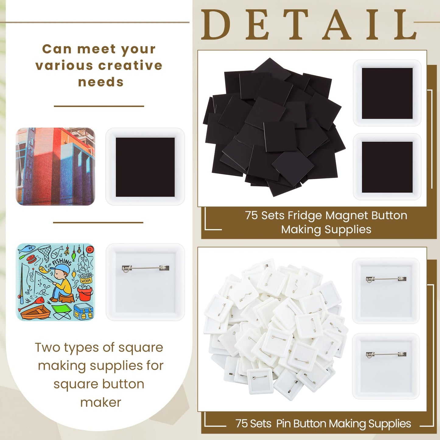 Wavwavw 150 Sets 50mm/1.97 Inch Square Button Maker Supplies, 75 Pcs Blank Fridge Magnet Badge Parts and 75 Pcs Pin-Back Badge Parts Press for Square Button Maker Machine, DIY Gift Crafts