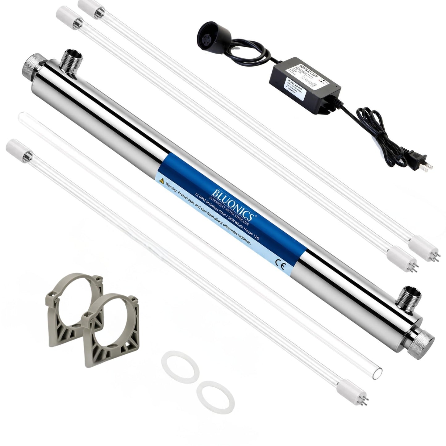 Whole House UV Water Filter System 12 GPM – 55W Stainless Steel UV Light System – LED Indicator & Audible Alarm – for Well & City Water – Includes 2 Extra Bulbs – Bluonics