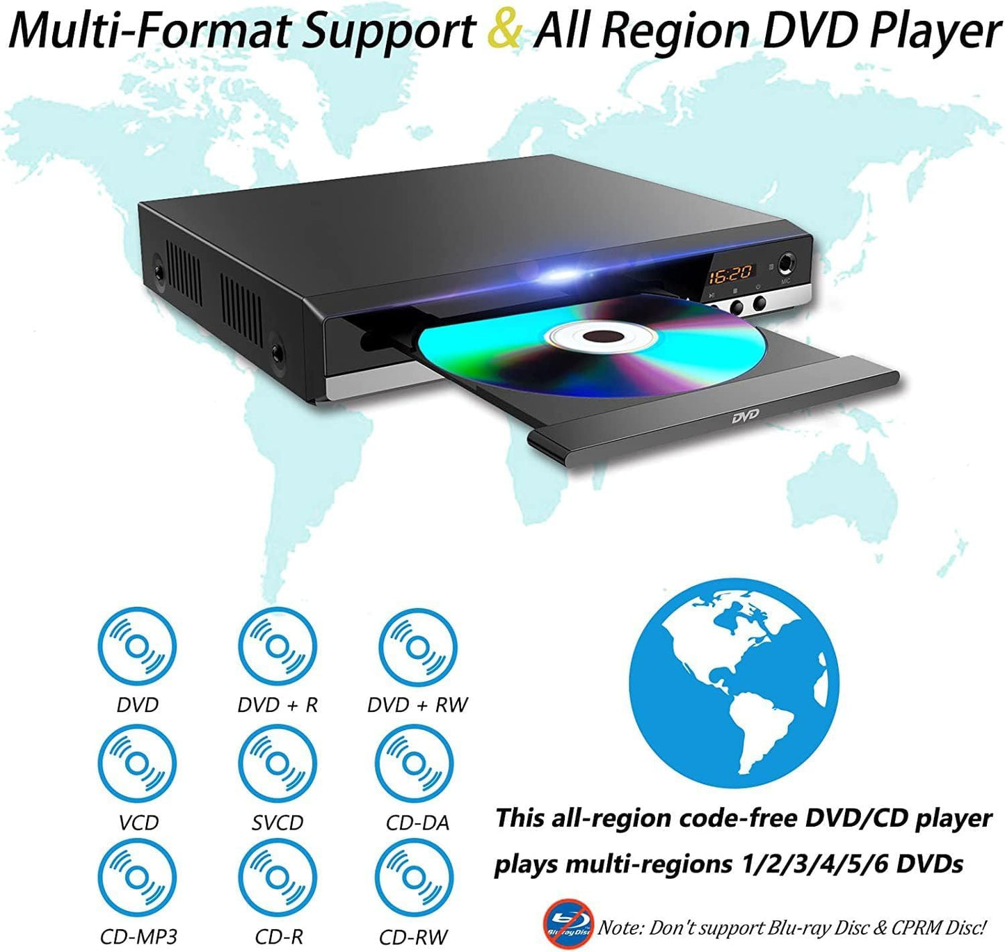 X W EI UNION 128G Home DVD Player TV CD Player Compact DVD Player Supports NTSC/PAL System with RCA Stable Outputs/USB
