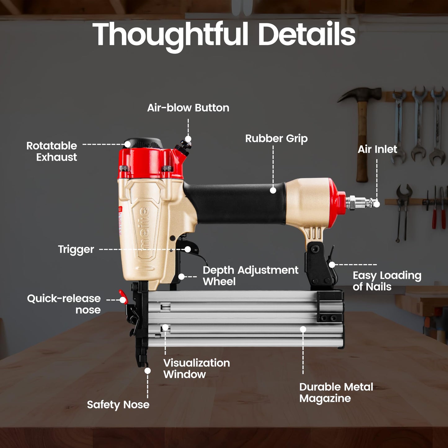 meite 18-Gauge 2-in-1 Nail Gun, Pneumatic Brad Nailer and 1/4-Inch Narrow Crown Pneumatic Staple Gun for Upholstery, Finishing, Molding, and Woodworking (FK5040)