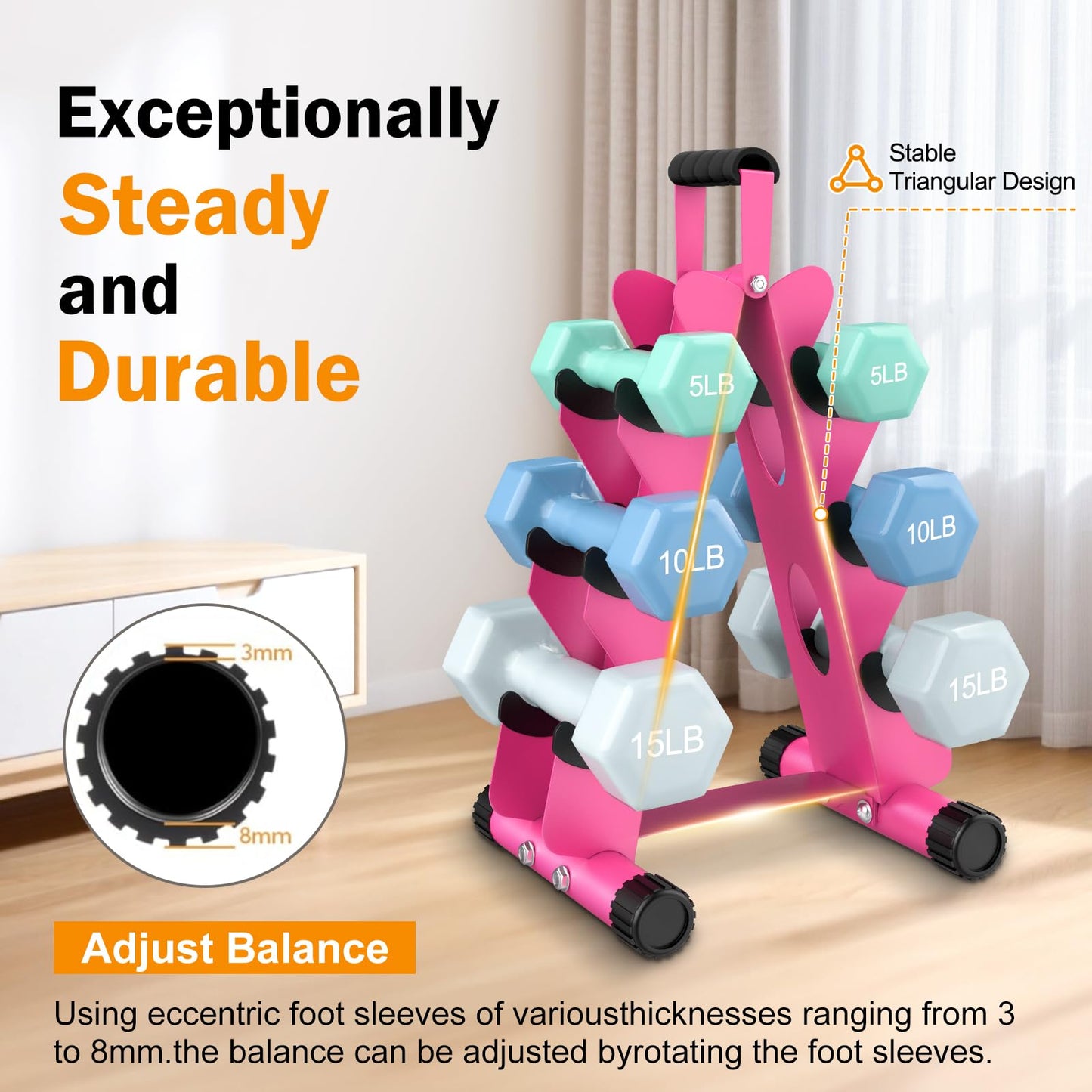 AmazeFan 5 Tier | 3-Tier Dumbbell Rack Stand Only, A-Frame Design Weight Rack with Handle, Weights Metal Strength Training Dumbbells Storage Rack for Home Gym Space Saver (Dumbells not Included) (Pink, 3 Tier)