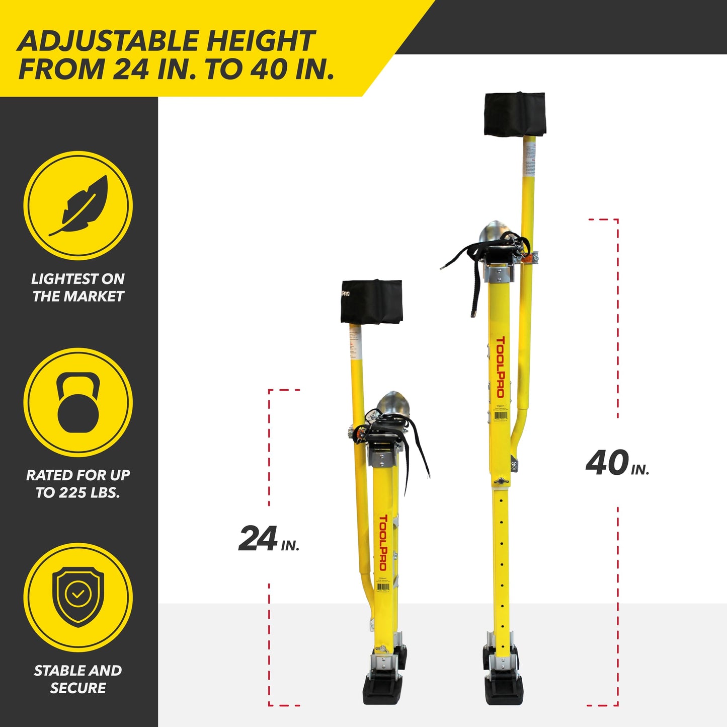 ToolPro Professional Grade Adjustable Drywall Stilts - for Drywall Installation, Painting, and More. Soft Strap Bands to Reduce Soreness and Smoother use (24-40 in., Magnesium)