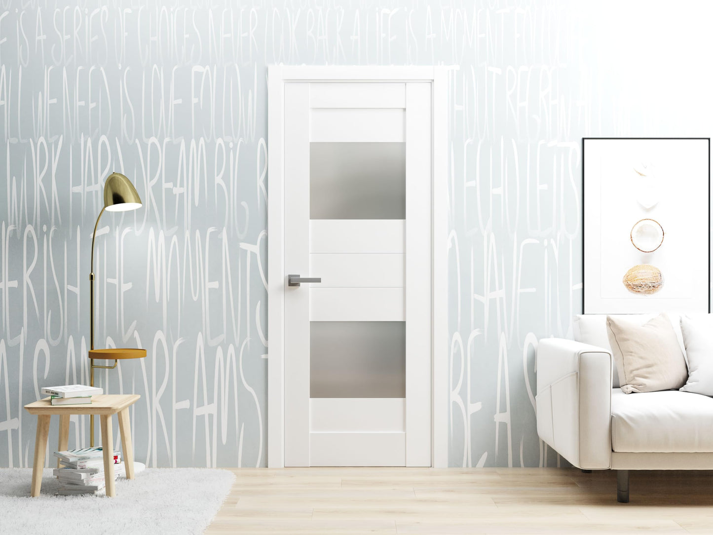 VDOMDOORS Solid French Door Opaque Glass 2 Lites 30x84 inches/Sete 6222 White Silk/Single Regular Panel Frame Handle/Bathroom Bedroom Modern Doors