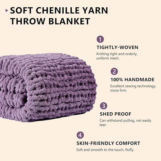 L'AGRATY Chunky Knit Blanket Throw - 60''x80'' Chenille Cable Knit Throw For Bed Couch - Handmade Thick Big Crochet Rope Blanket For Home Decor (Deep Purple)