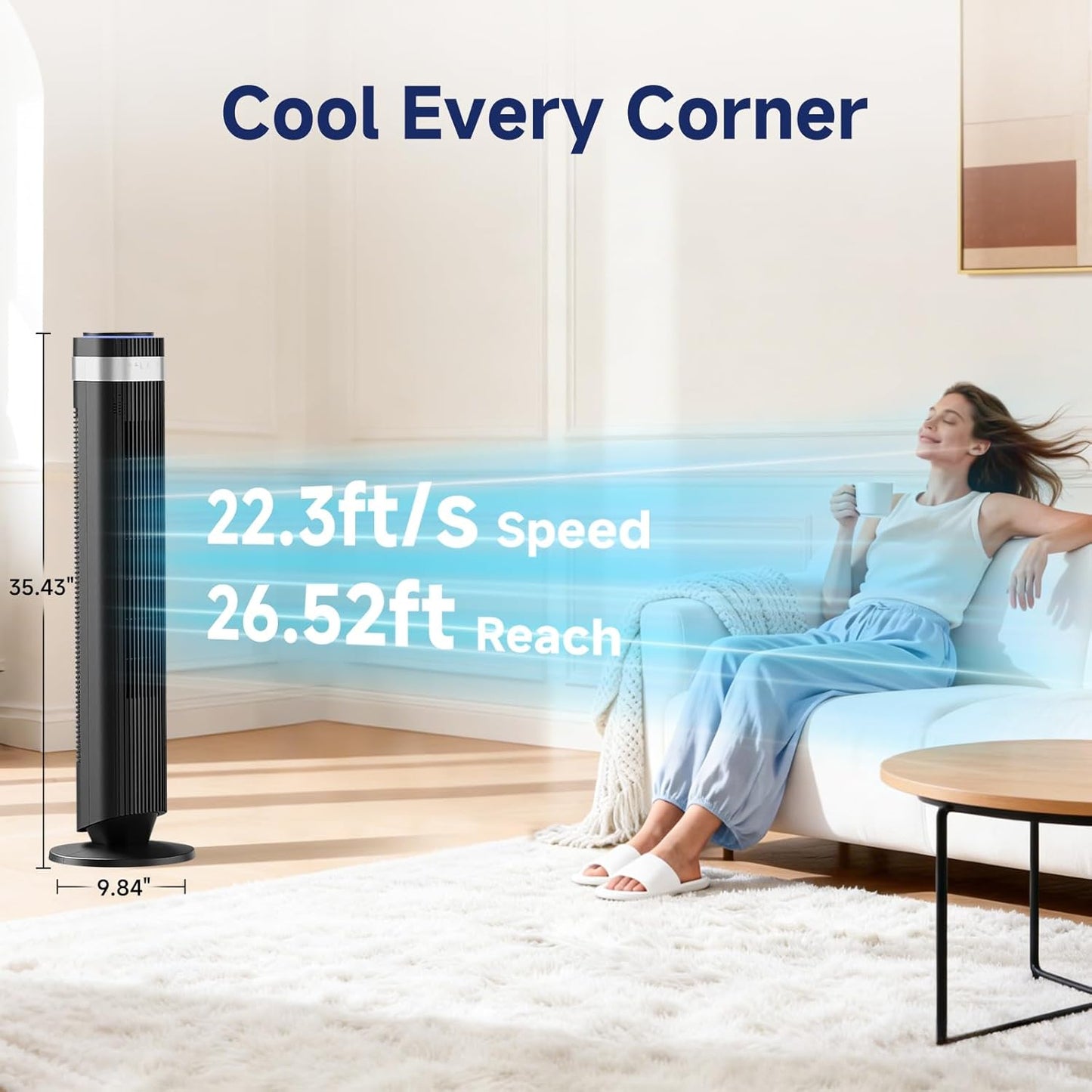OLIXIS Tower Fan - Quiet 28dB Bladeless Oscillating Fan with Remote, 12H Timer, 5 Speeds | Black