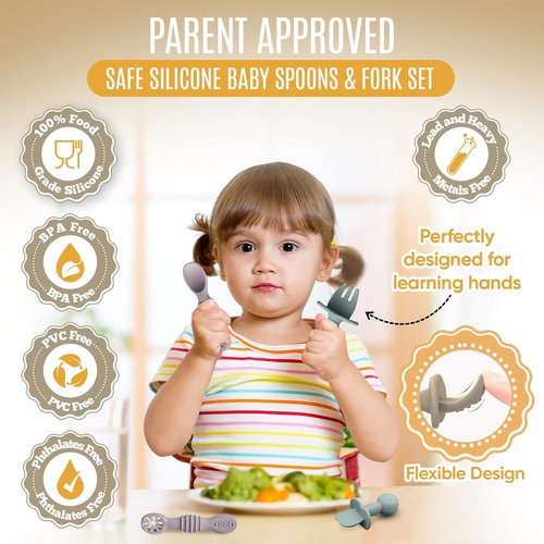 HippoBaby Silicone Baby Spoons Set - Self-Feeding Utensils for 6-12 Months - BPA Free, Dishwasher Safe | Light Pink & Army Green