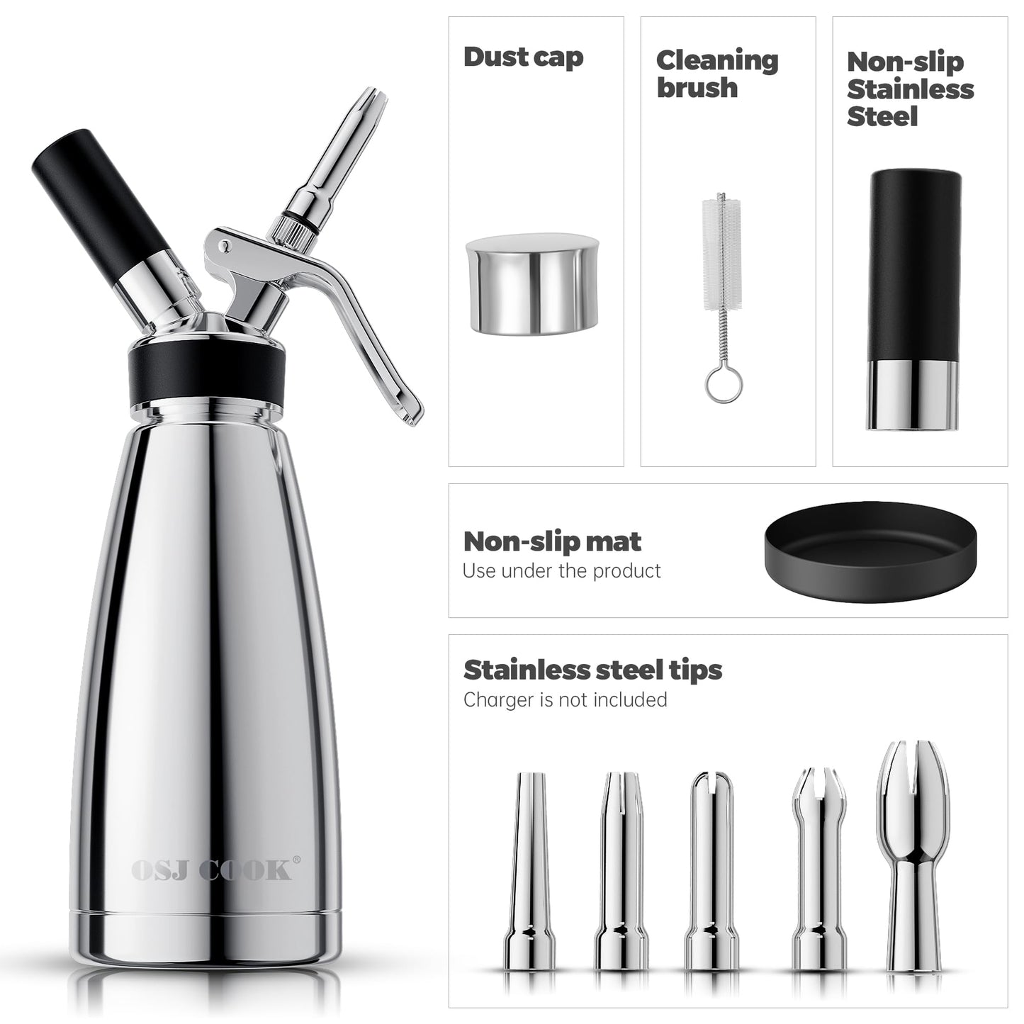 Whipped Cream Dispenser Stainless Steel Keep Warm and Cold,500mL/1 Pint Double Wall Thermos Whipped Cream Maker,5 Various Stainless Decorating Nozzles,1 Cleaning Brush,N2O Chargers NOT Included
