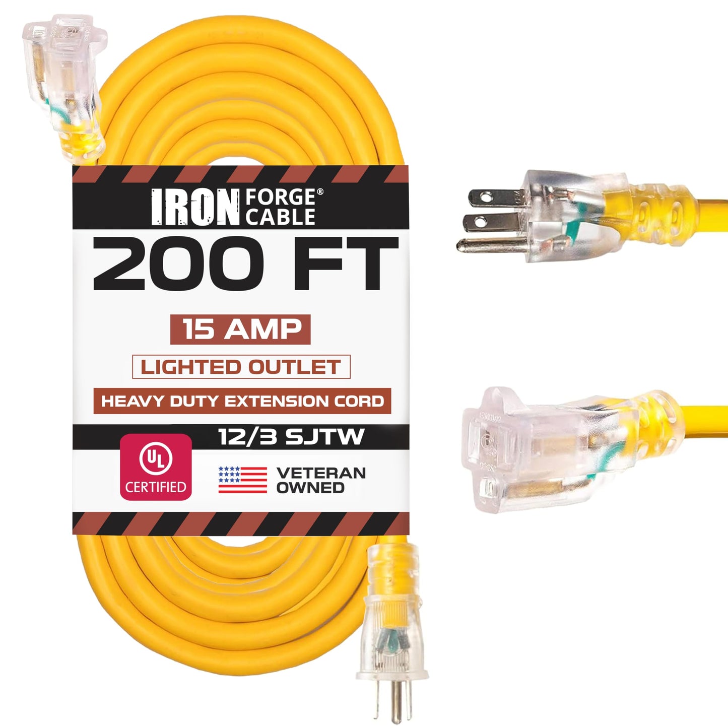 Iron Forge Cable 200 Foot Lighted Outdoor Extension Cord - 12/3 SJTW Heavy Duty Yellow Extension Cable with 3 Prong 15 AMP Grounded Plug for Safety