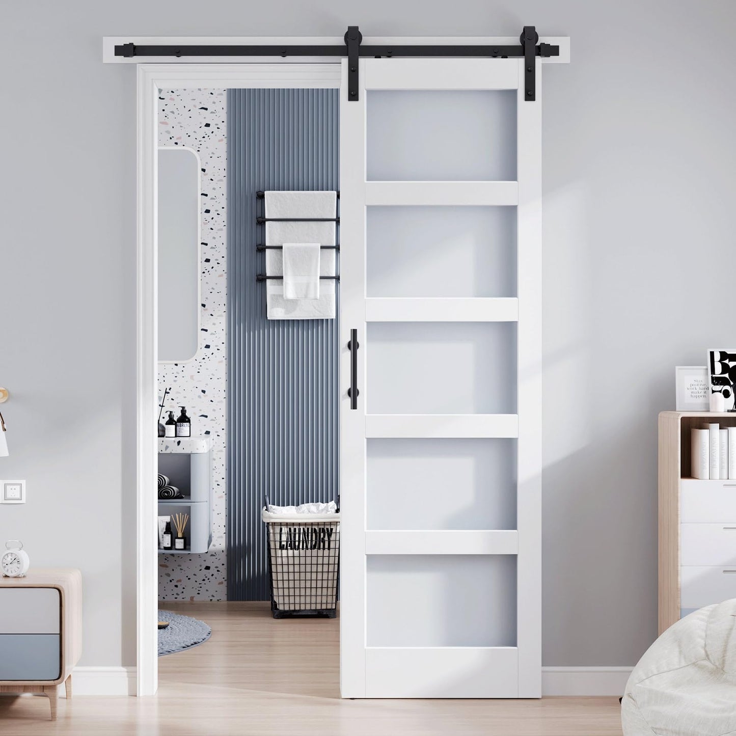 ROYMELO 32x96 Inch Glass Sliding Barn Door Slab and 5.5ft Hardware Kit Included, 5 Frosted Glass, LVL Wood Panel Covered with White Water-Proof Scratch-Proof PVC Surface, Simple DIY Assembly