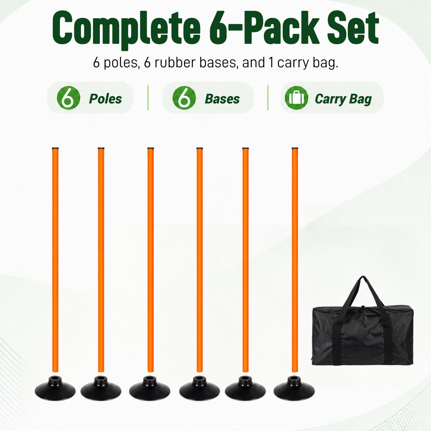 6 Pack Soccer Agility Training Poles, 5 FT Adjustable Speed and Agility Training Equipment for Football/Basketball/ Dog Practice, Bending Poles for Horses with Rubber Bases and Carry Bag (Orange)
