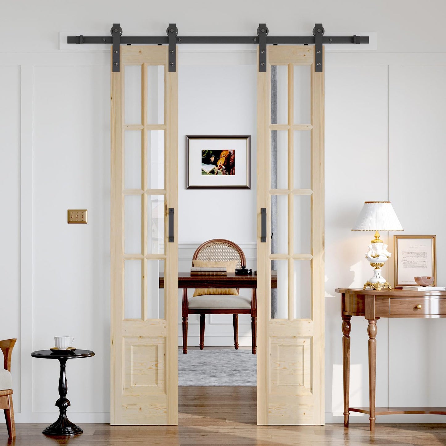 Roymelo Preassembled 30x84 (Double 15x84) Inch Clear Glass French Interior Door with 5.5Ft Barn Door Hardware Kit Included, Spruce Wood Support DIY Dyeing, Easy Assembly，Save time