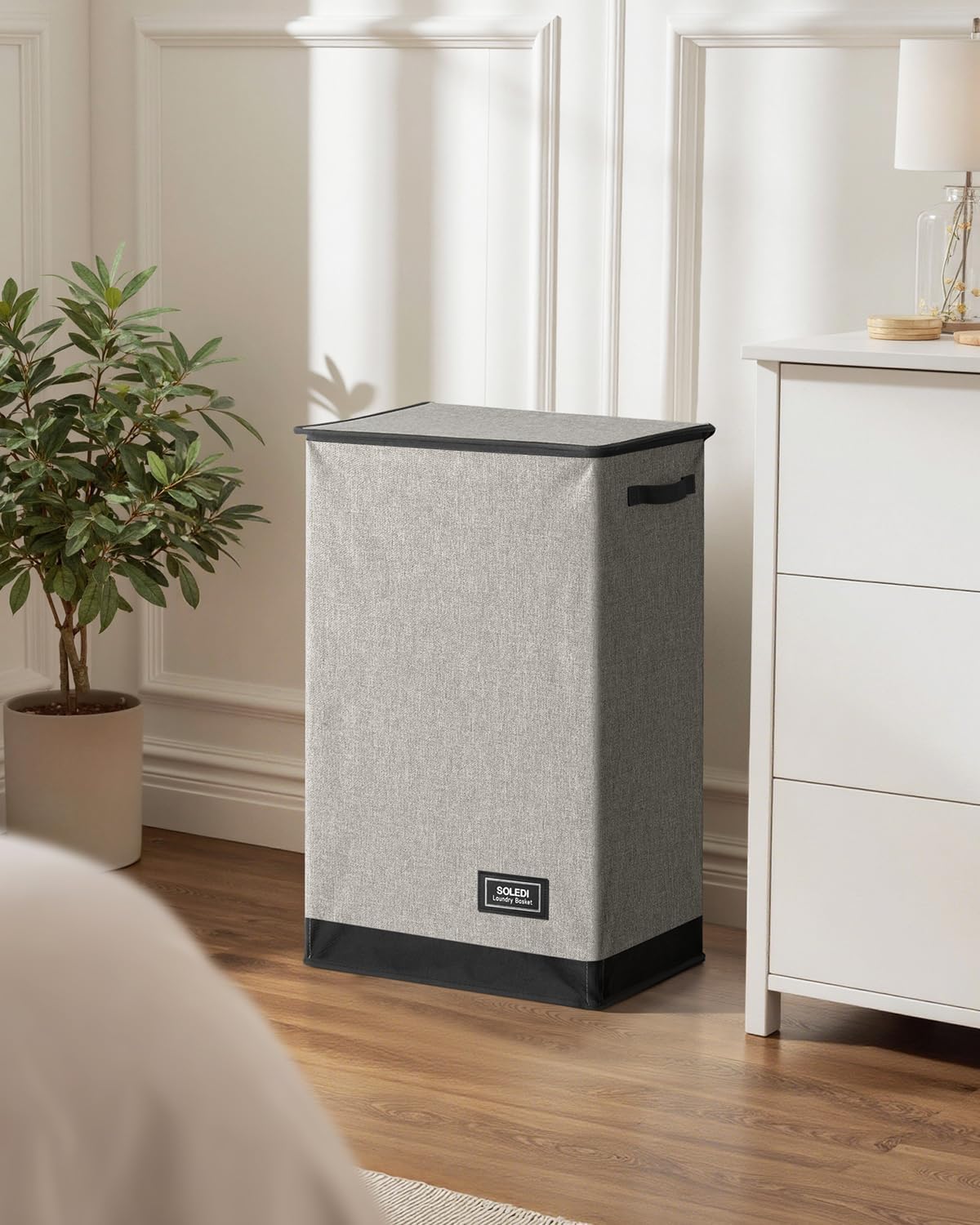 SOLEDI Laundry Hamper - 90L Large Collapsible Basket with Lid & Removable Bag - Grey
