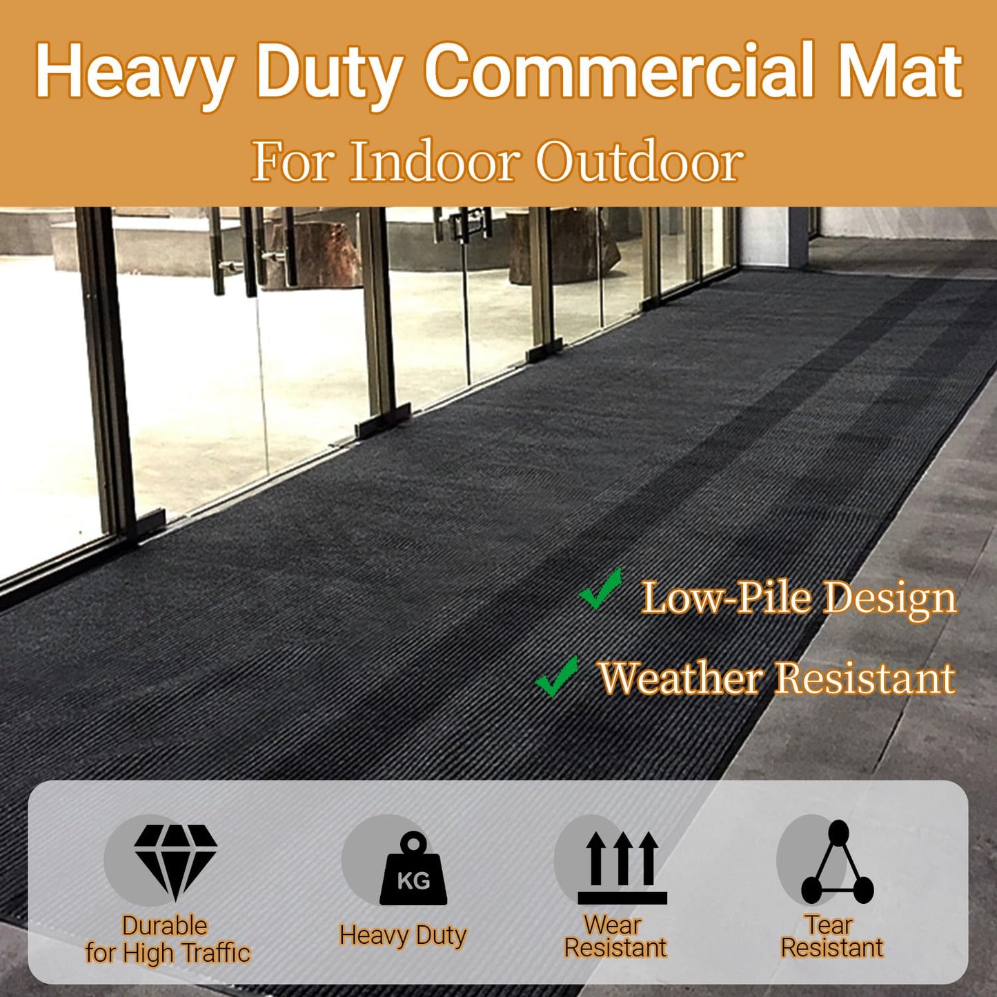 Commercial Runner Rug, 4'x10' Heavy Duty Industrial Door Mat for High Traffic Entrance, Large Non-Slip Waterproof Rubber Welcome Carpet for Hallway Entryway Business Office, Black 120"x48"