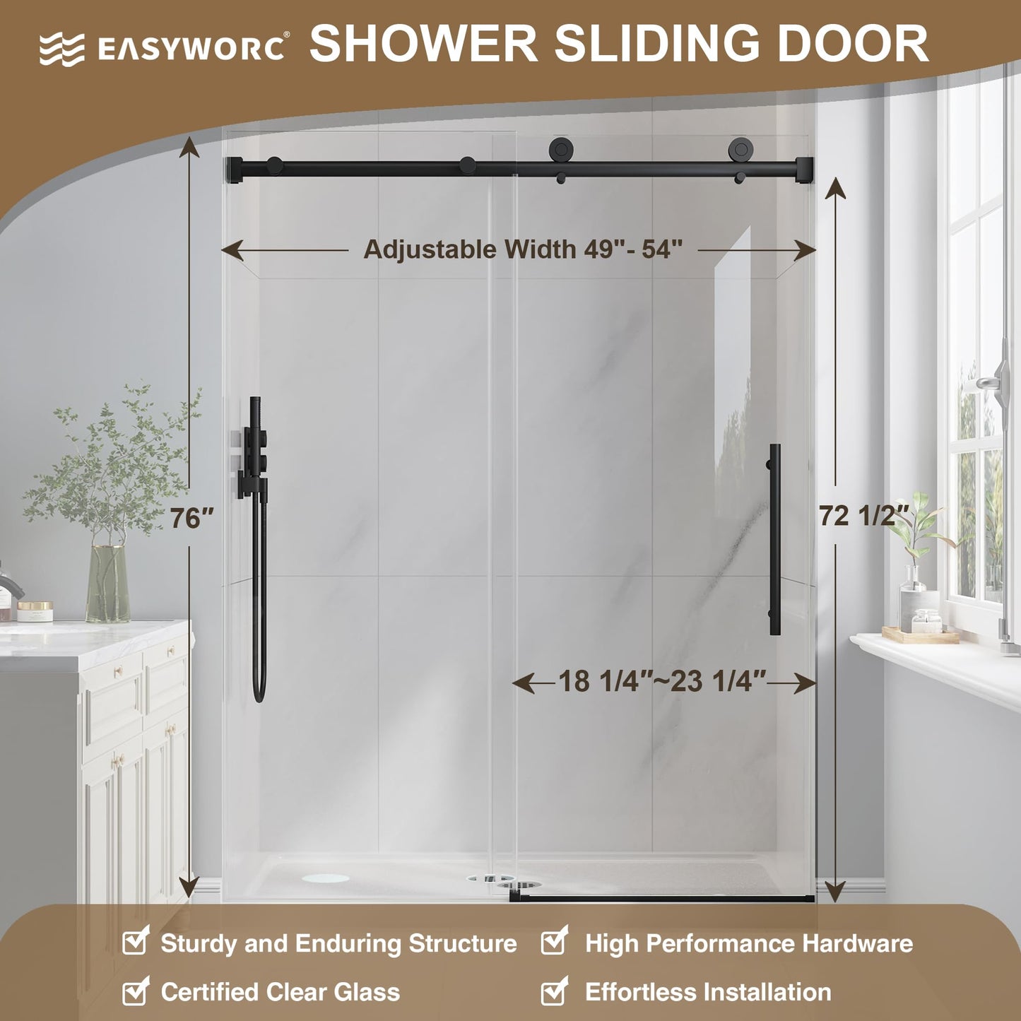 EASYWORC Frameless Glass Shower Door, 49-54" W x 76" H Sliding Frameless Shower Door, 1/4''(6mm) SGCC Tempered Glass,Explosion-Proof Film Nano Coating,Stainless Steel Hardware, Matte Black